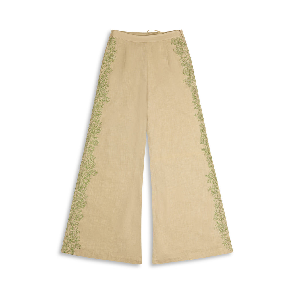Embroidered Ramie Wide Leg Pant