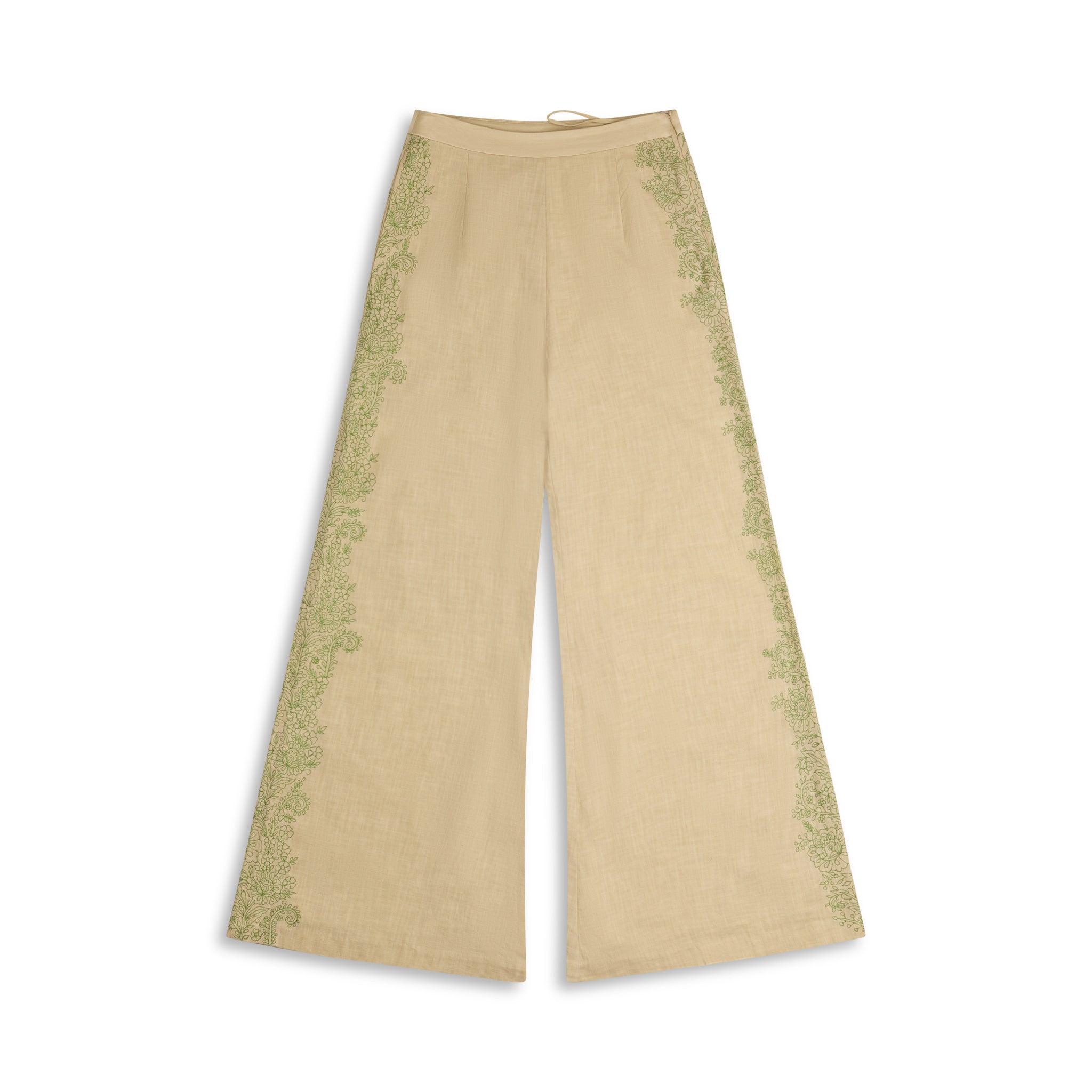 Embroidered Ramie Wide Leg Pant