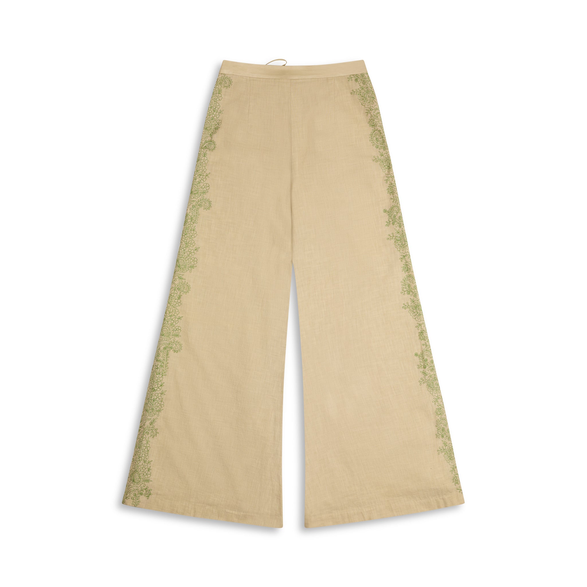 Embroidered Ramie Wide Leg Pant