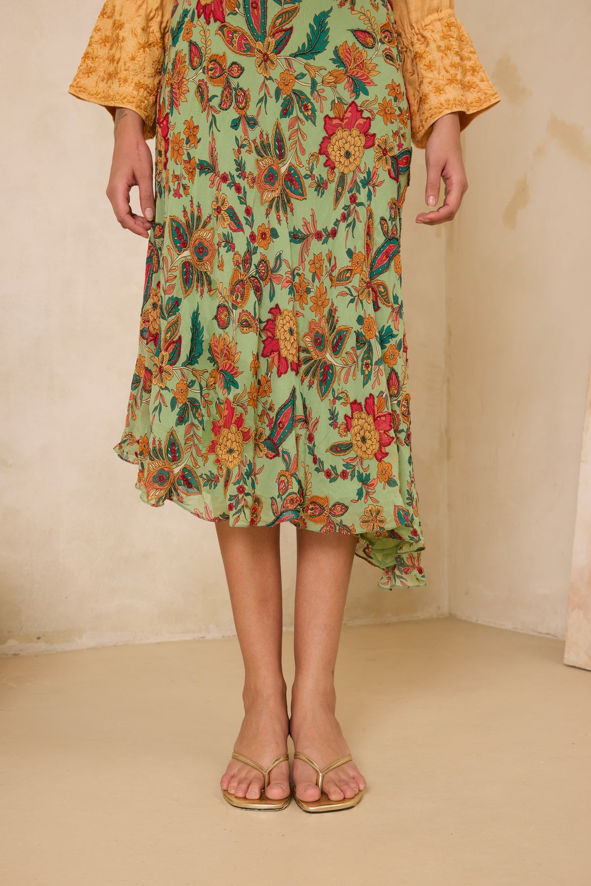 Amelia Beaded Linen and Silk Georgette Cutout Dress