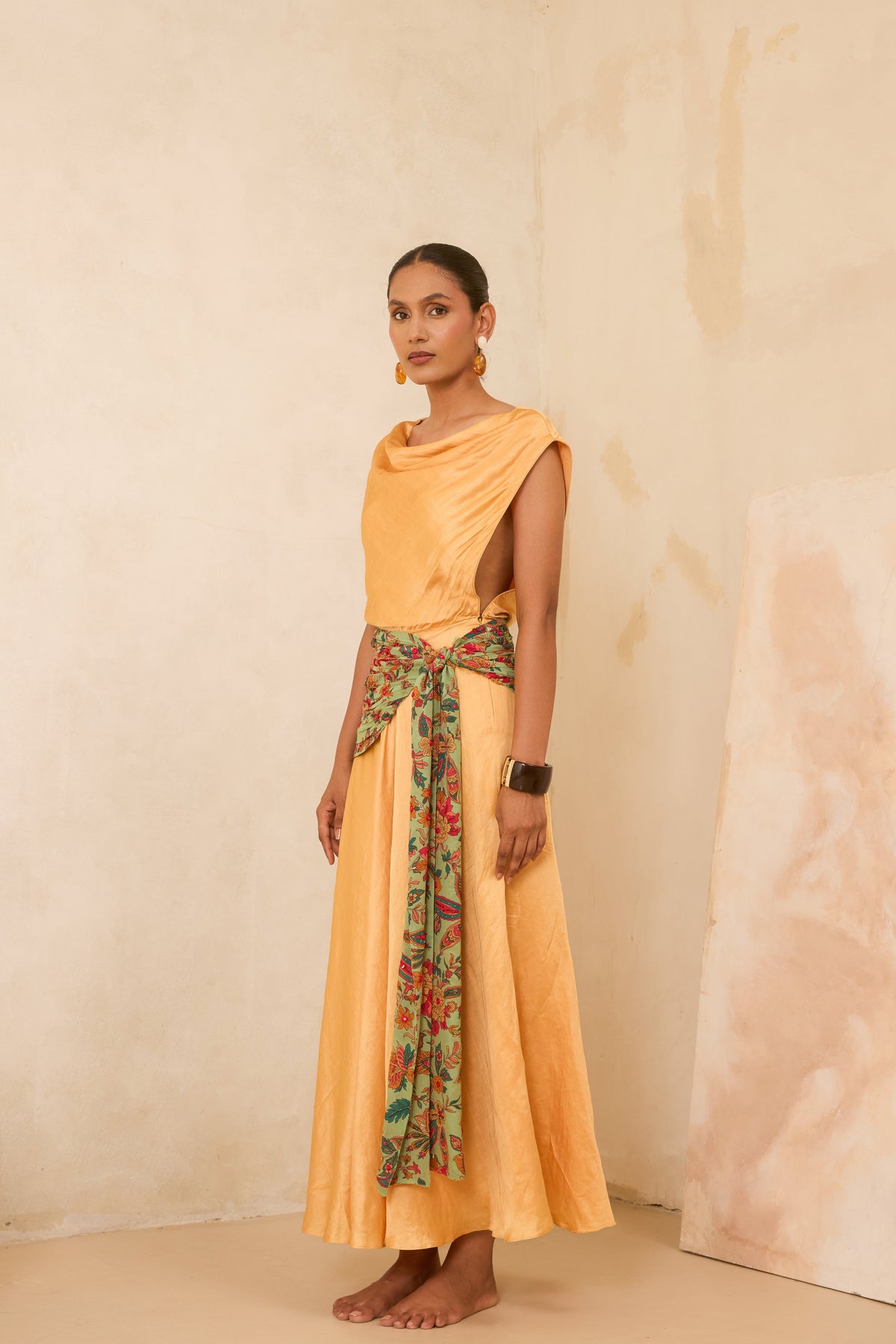 Aurea Silk Linen A Line Beaded Dress with Mirror Embroidered Waist Wrap