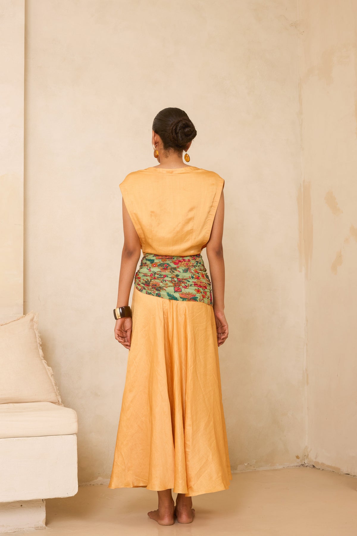 Aurea Silk Linen A Line Beaded Dress with Mirror Embroidered Waist Wrap