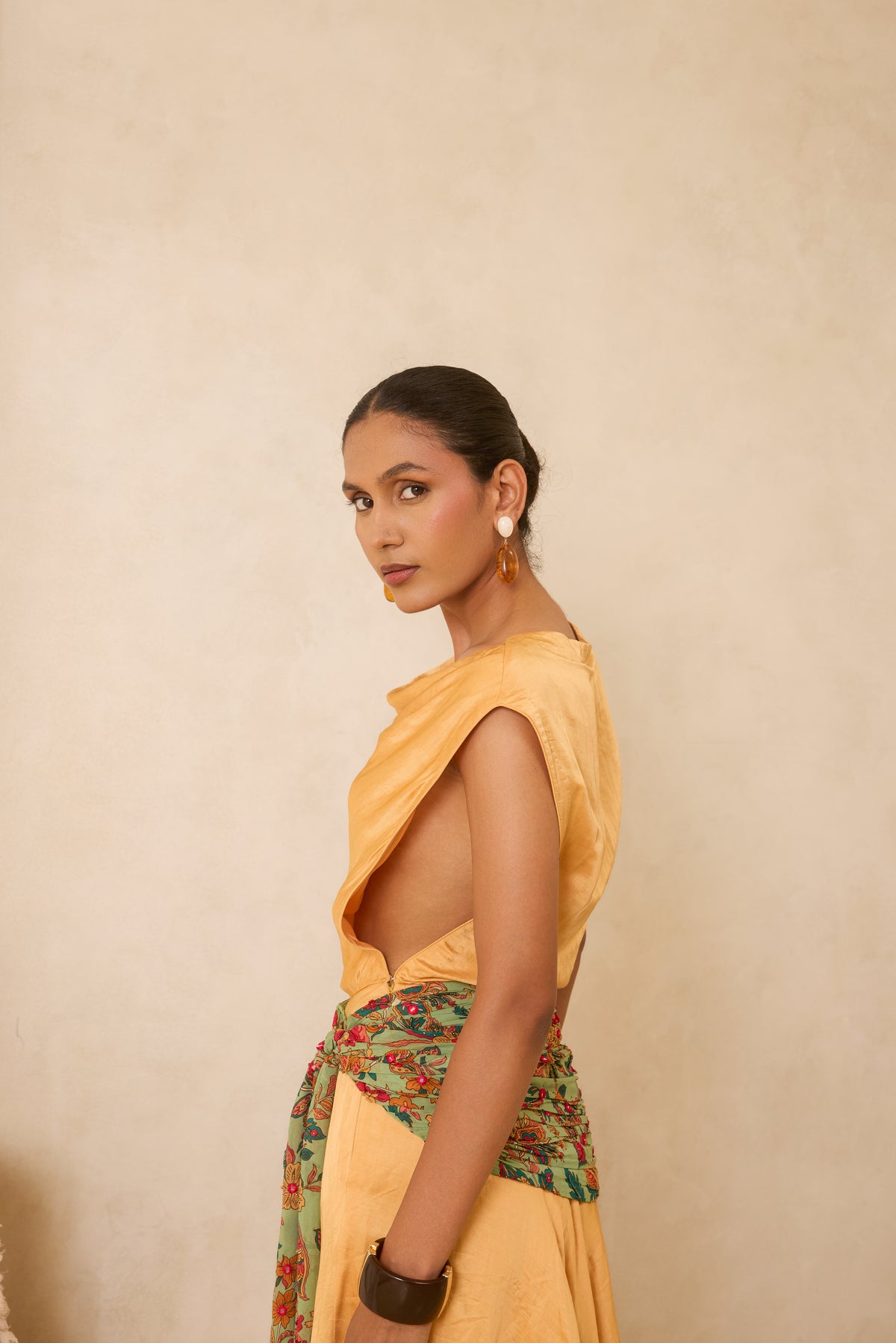 Aurea Silk Linen A Line Beaded Dress with Mirror Embroidered Waist Wrap