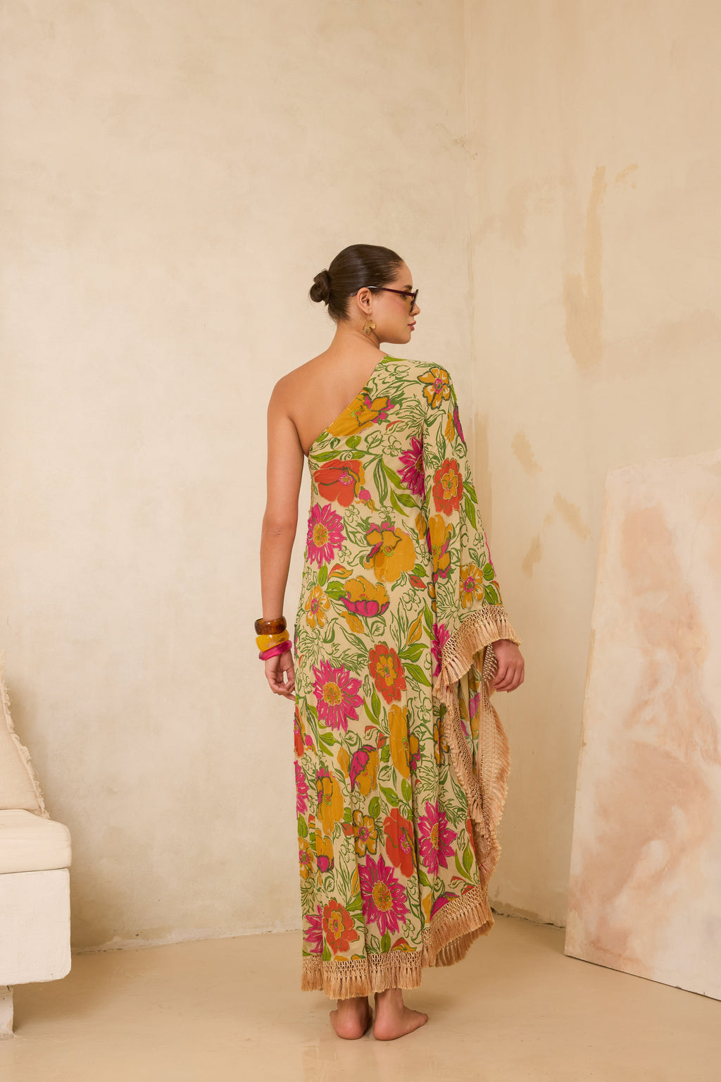 Naira Silk Georgette Beaded One Shoulder Fringe Kaftan