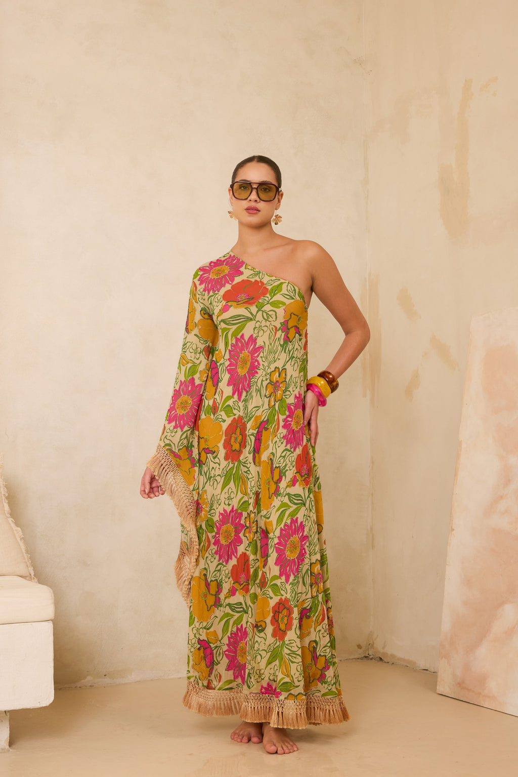 Naira Silk Georgette Beaded One Shoulder Fringe Kaftan