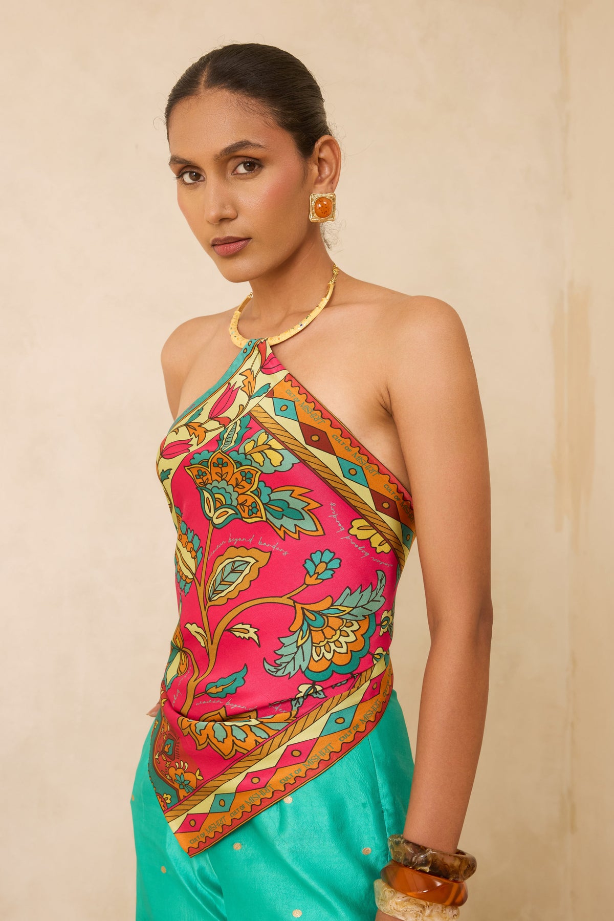 Silk Satin Scarf Top with Hand-painted Meenakari Choker