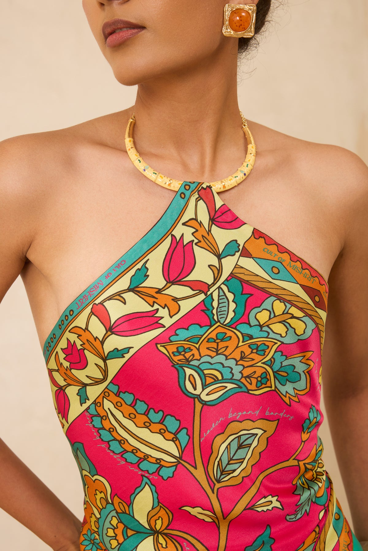 Silk Satin Scarf Top with Hand-painted Meenakari Choker