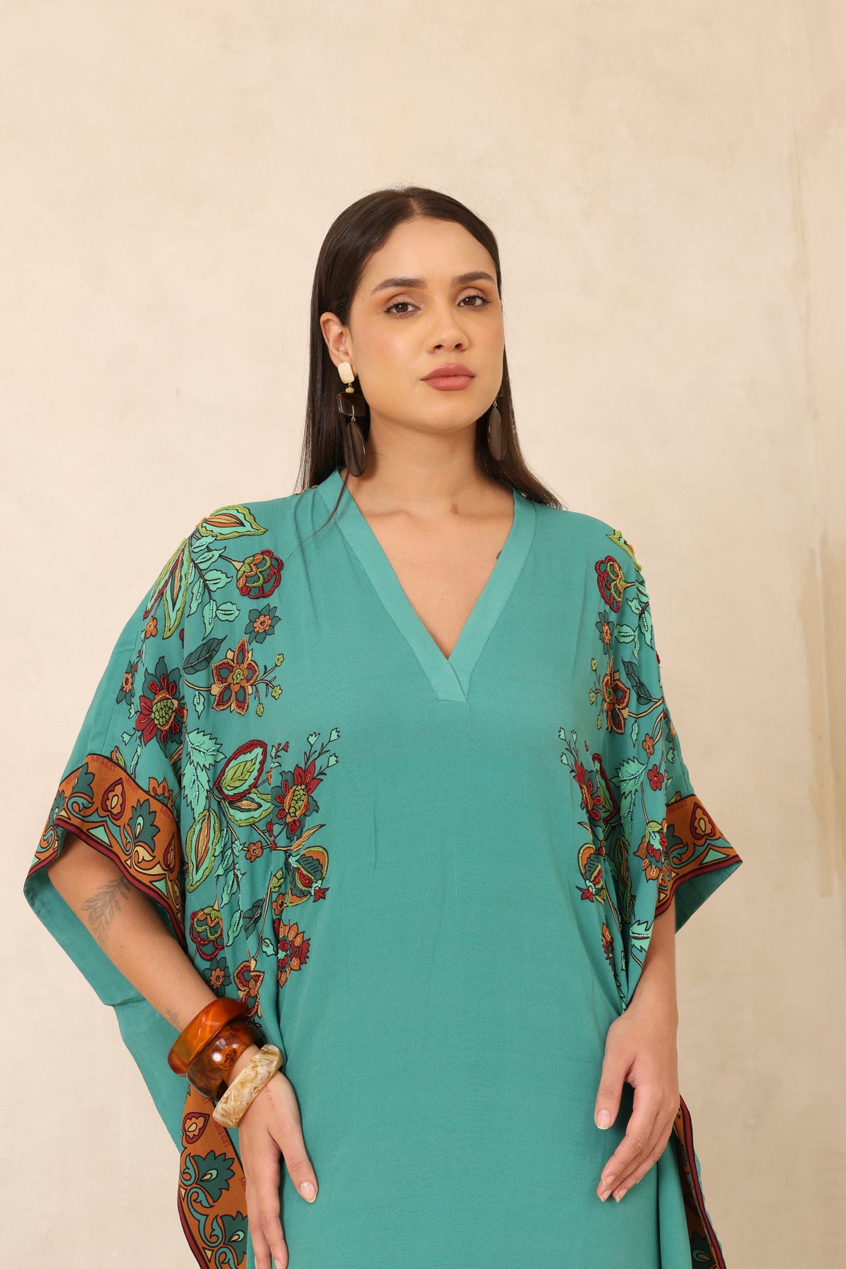 Silk Georgette Floral Beaded Square Kaftan