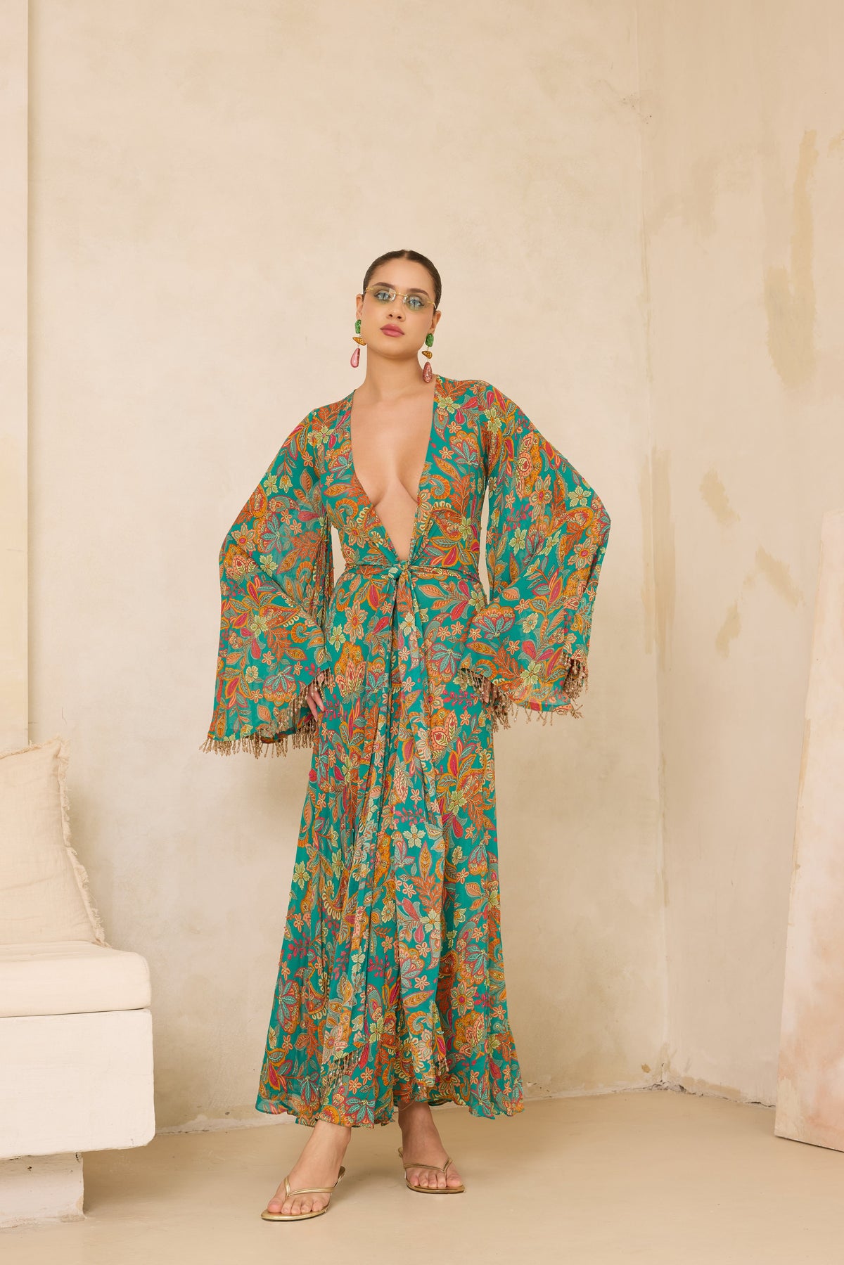 Bahar Beaded Floral Knotted Maxi Dress in Silk Georgette