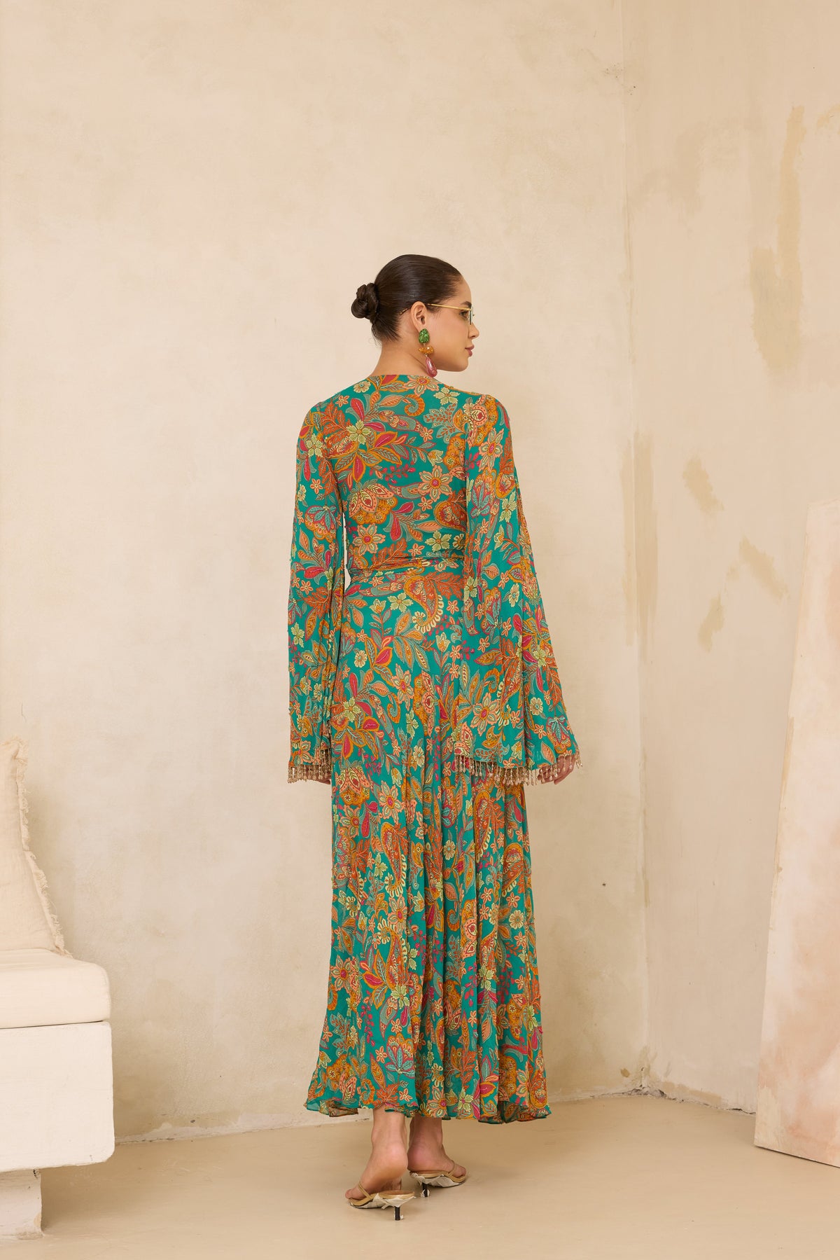 Bahar Beaded Floral Knotted Maxi Dress in Silk Georgette