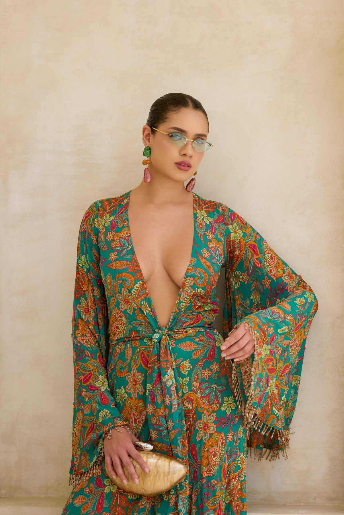 Bahar Beaded Floral Knotted Maxi Dress in Silk Georgette