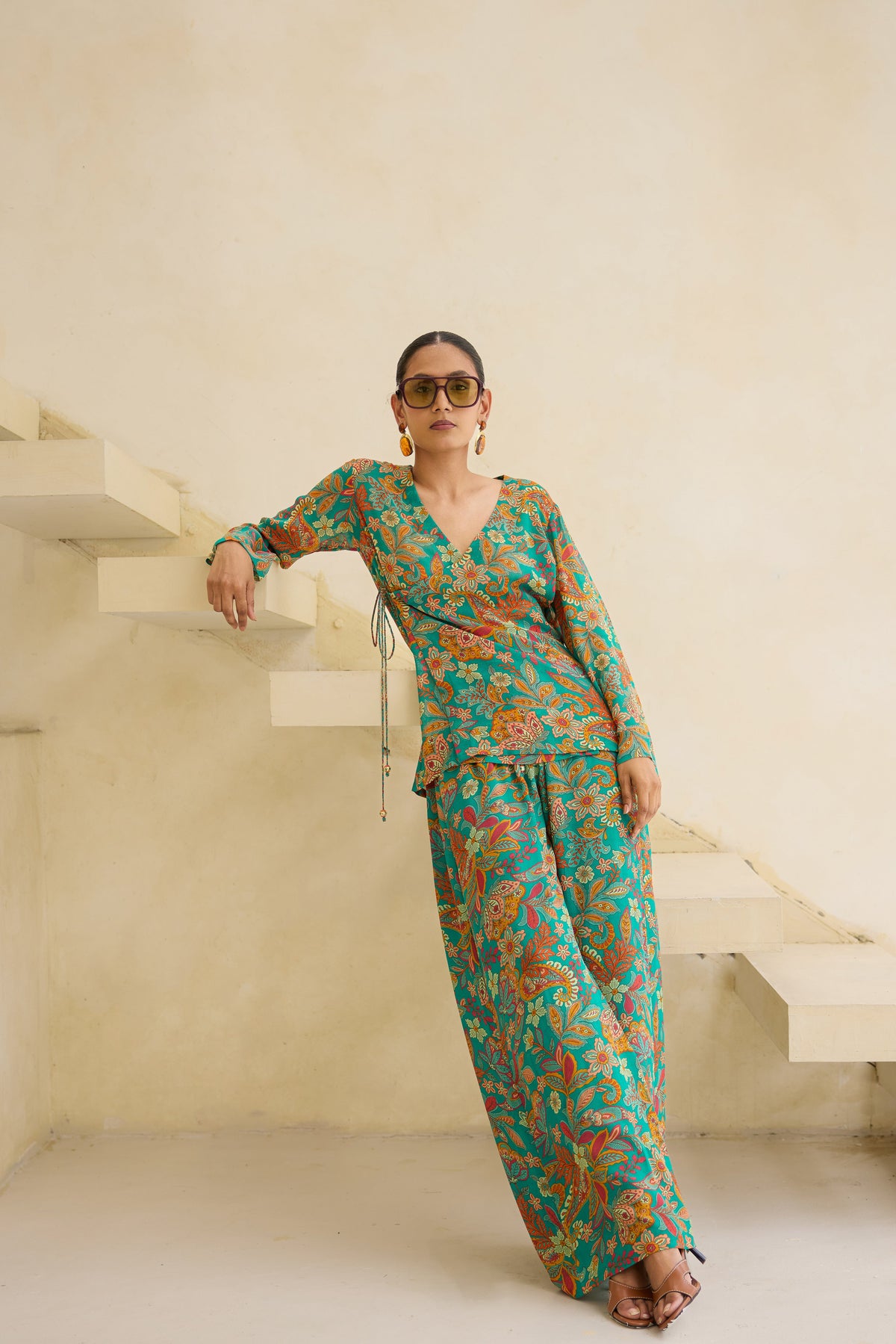 Flora Printed Silk Georgette Drawstring Pull On Pants