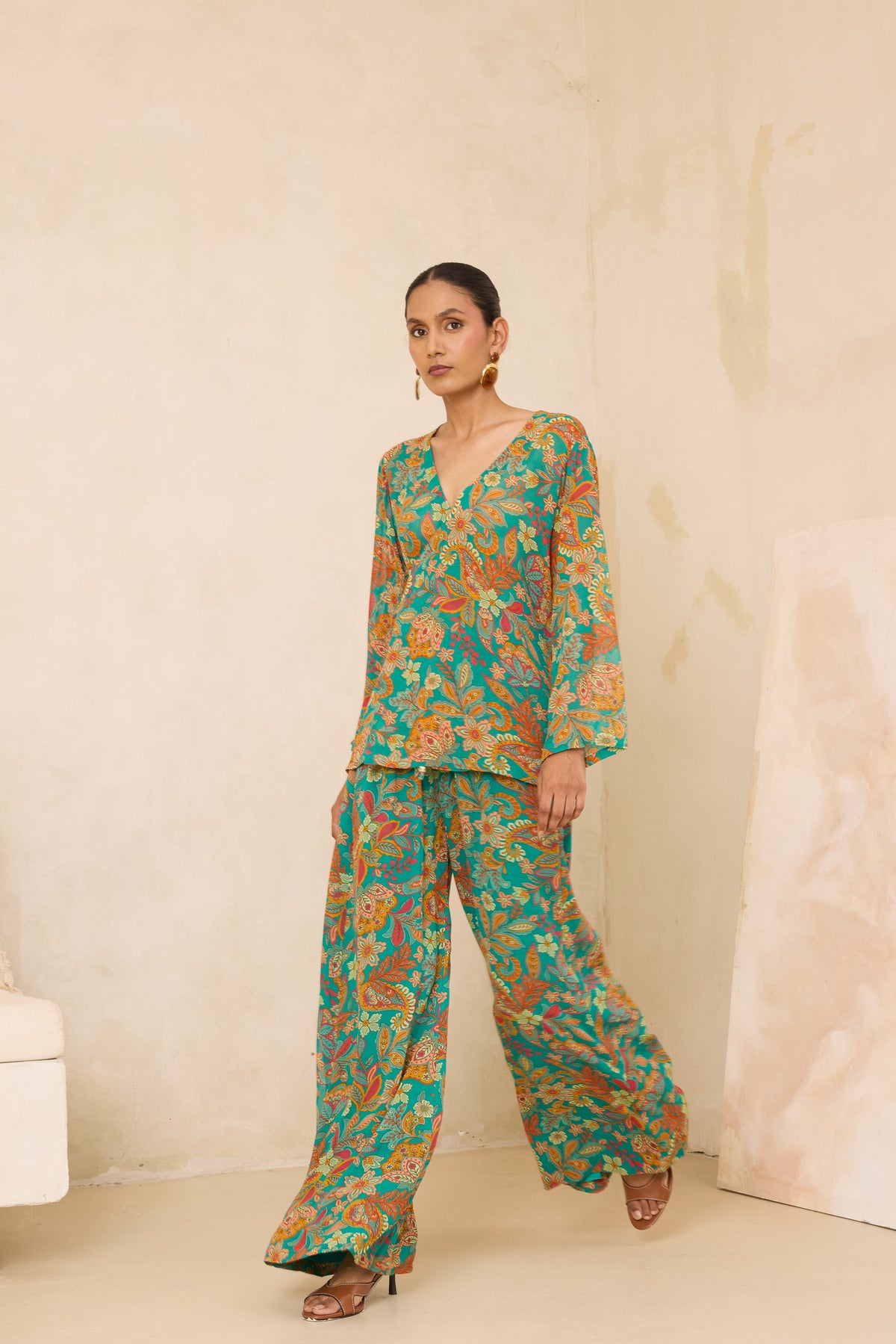 Flora Printed Silk Georgette Drawstring Pull On Pants