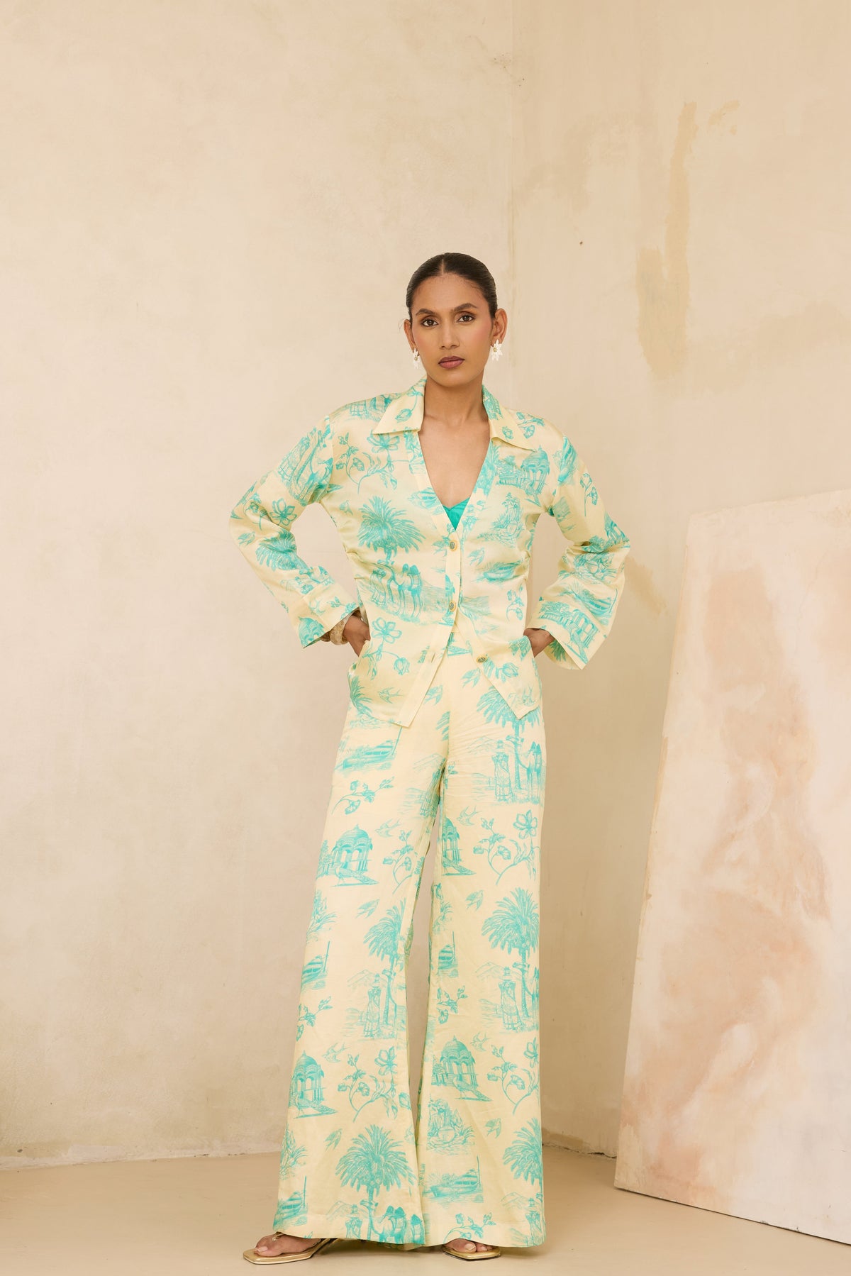 Silk Linen Daydreams Printed Button Down Top