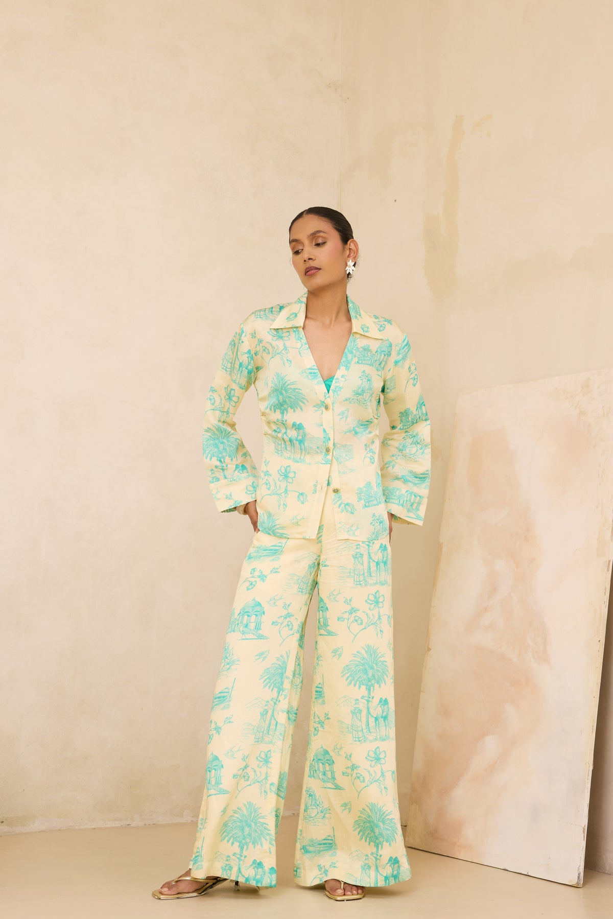 Silk Linen Daydreams Printed Button Down Top