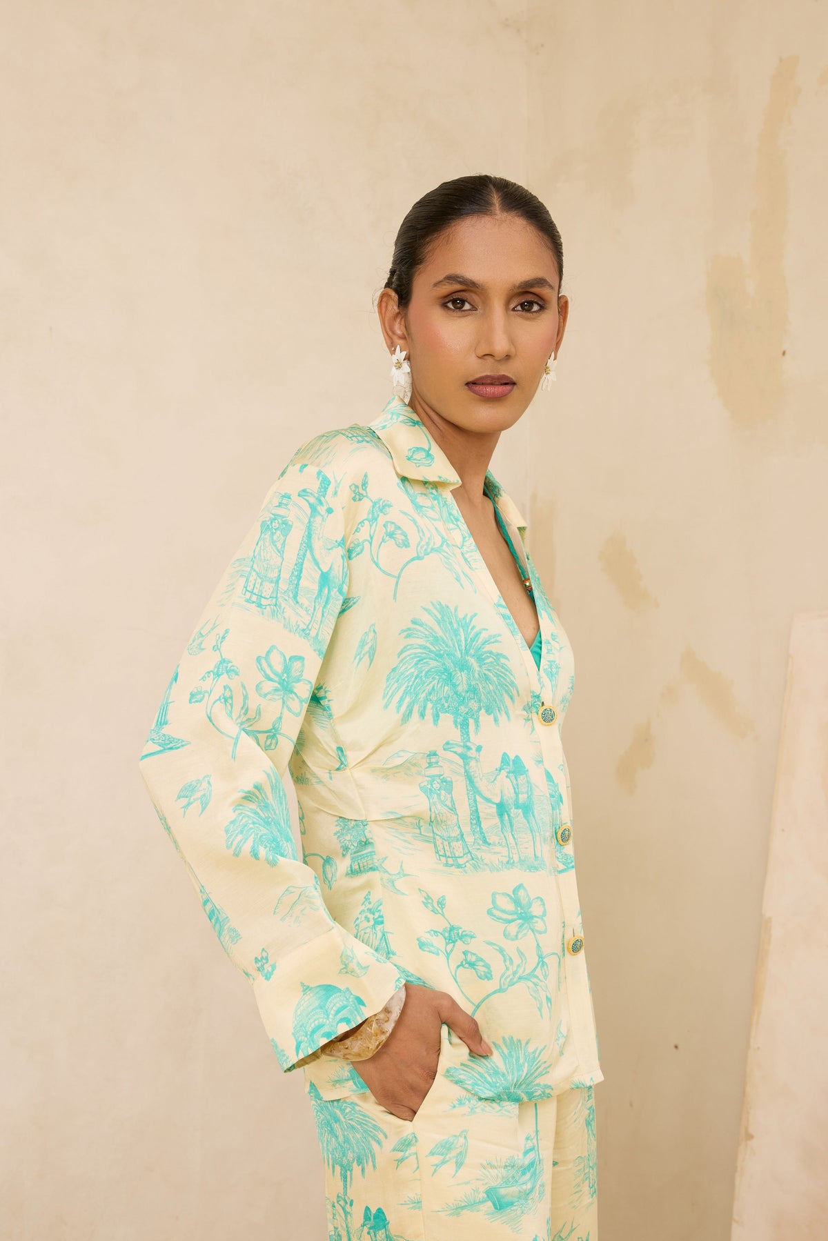 Silk Linen Daydreams Printed Button Down Top