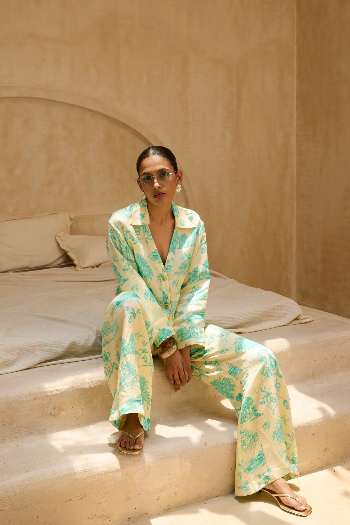 Silk Linen Daydreams Printed Button Down Top