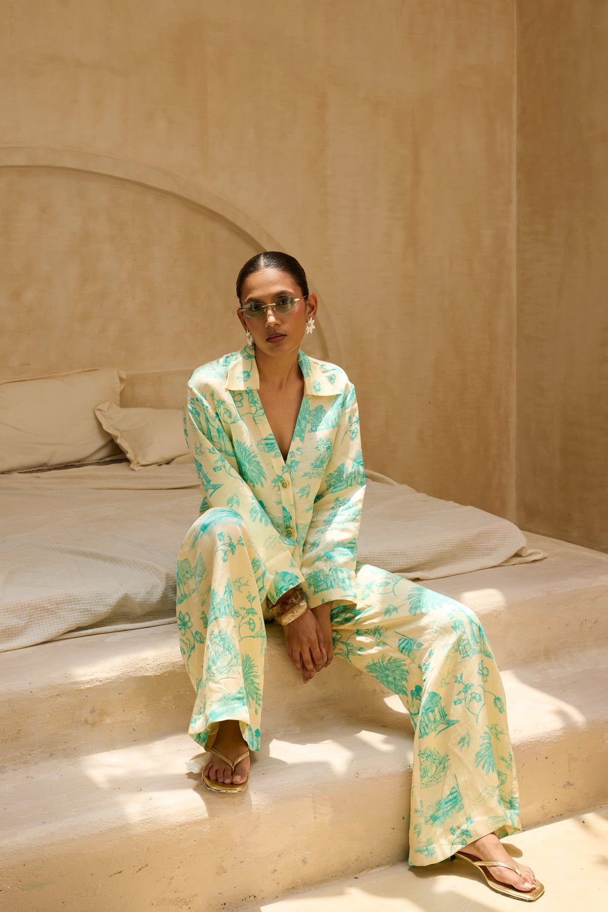Silk Linen Daydreams Printed Button Wide Leg Pants
