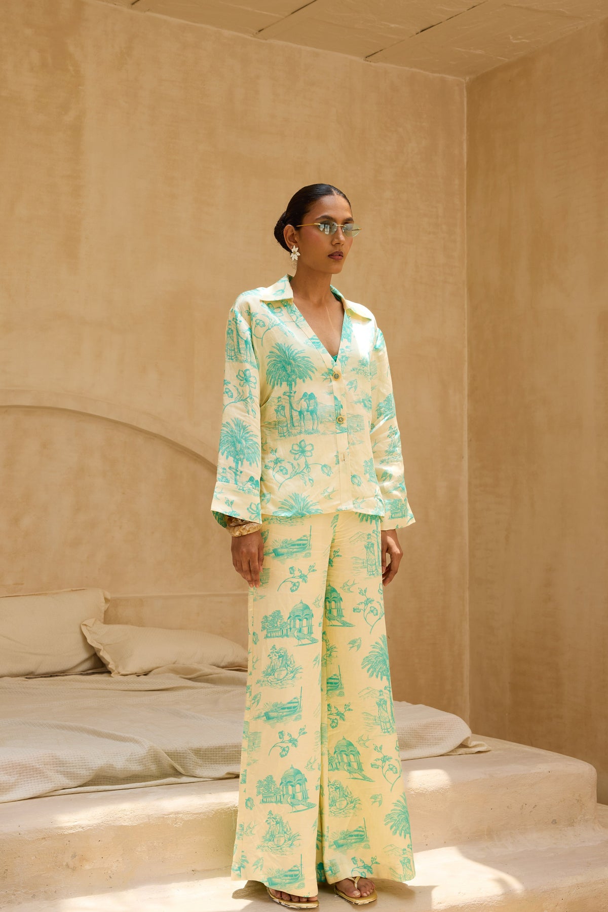 Silk Linen Daydreams Printed Button Wide Leg Pants