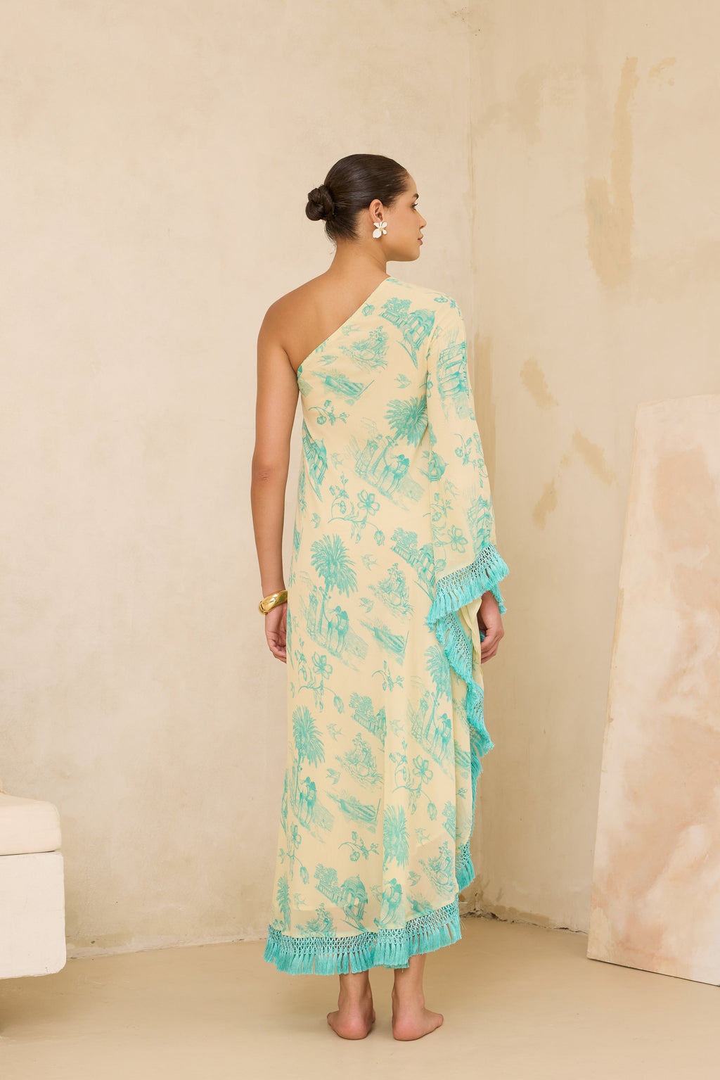 Silk Georgette Daydreams Printed One Shoulder Fringe Kaftan
