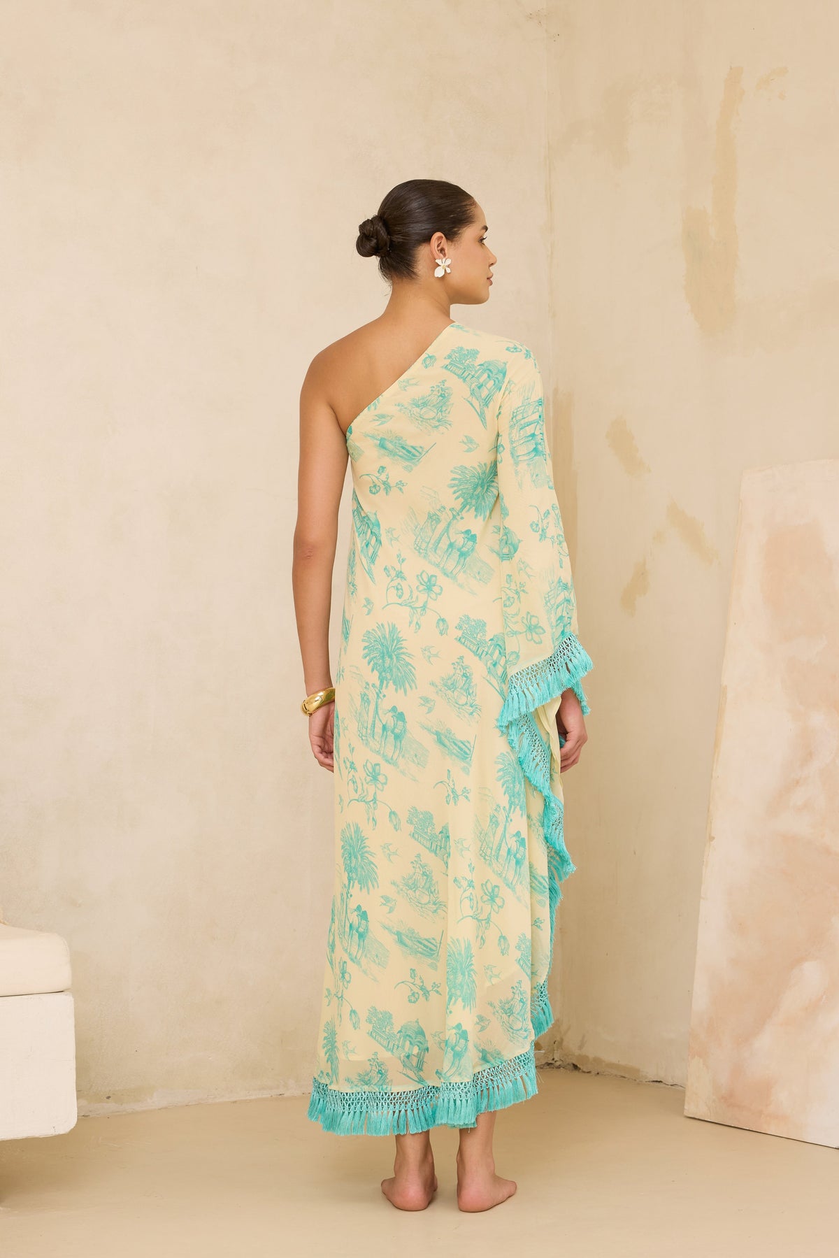 Silk Georgette Daydreams Printed One Shoulder Fringe Kaftan