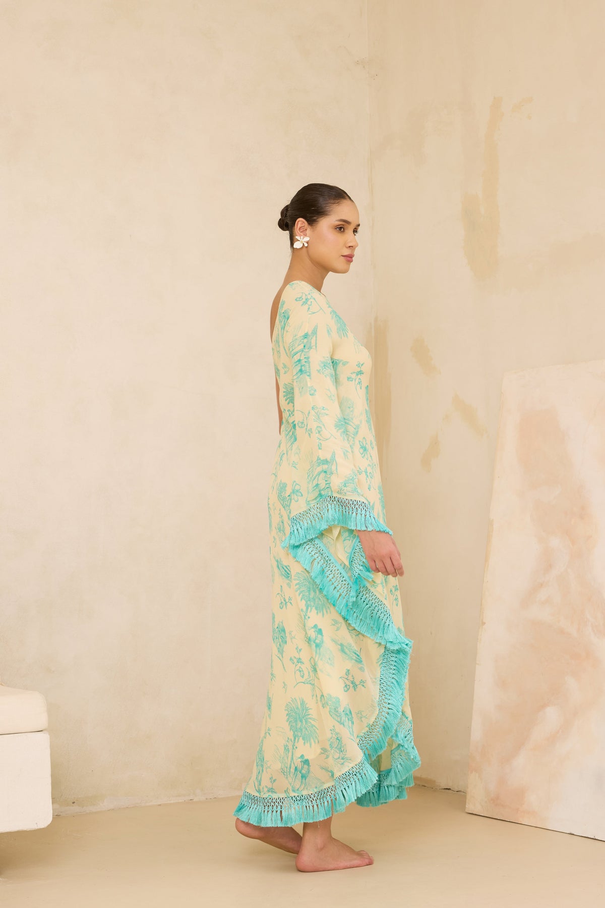 Silk Georgette Daydreams Printed One Shoulder Fringe Kaftan