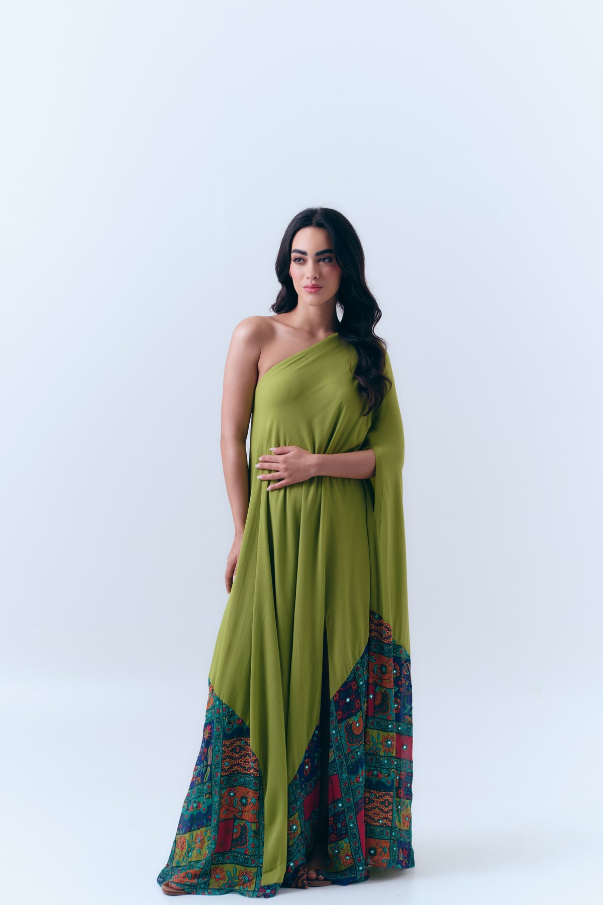 Beaded Patchwork Print Mirror Kaftan in Silk Georgette