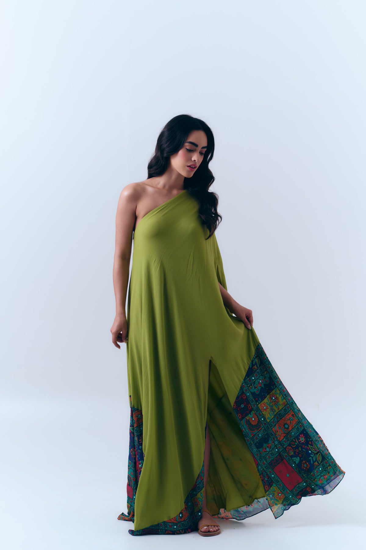 Beaded Patchwork Print Mirror Kaftan in Silk Georgette