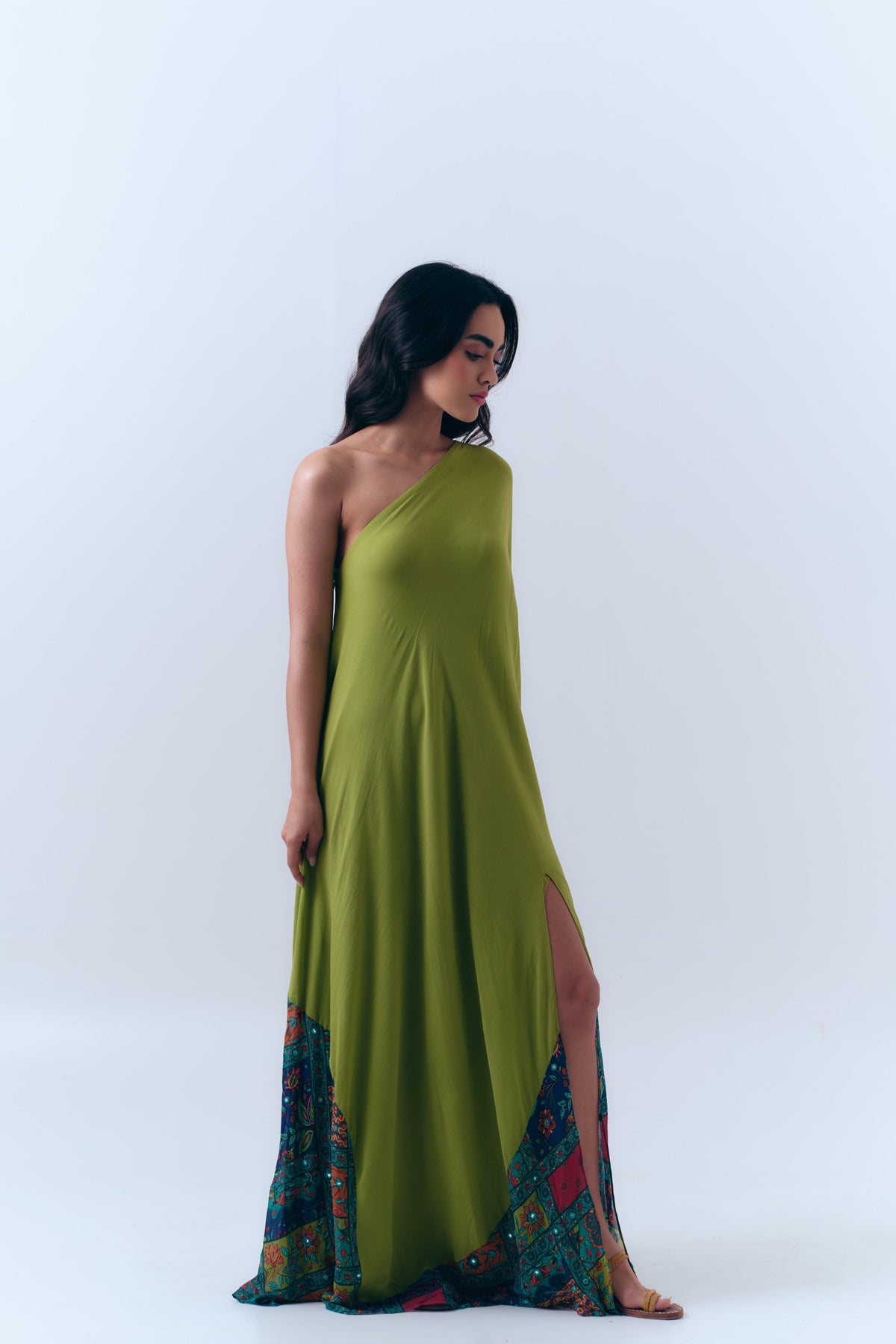 Beaded Patchwork Print Mirror Kaftan in Silk Georgette