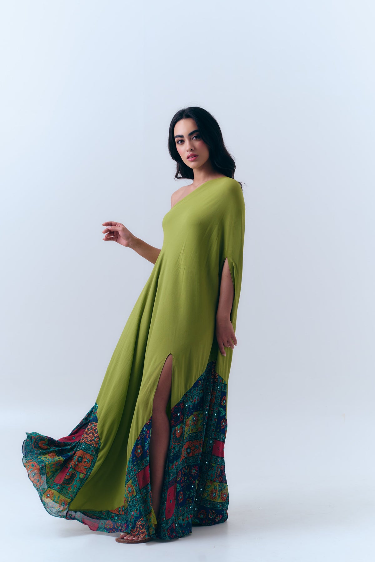 Beaded Patchwork Print Mirror Kaftan in Silk Georgette