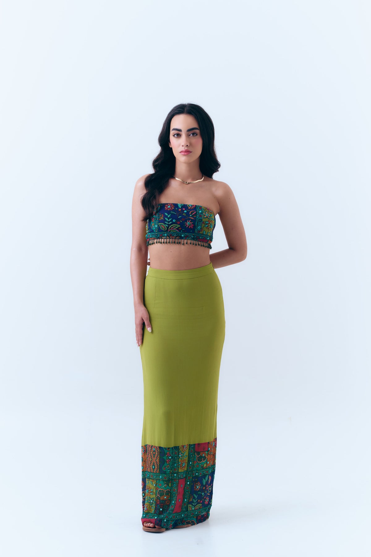 Silk Georgette Beaded Patchwork Print Mirror Bandeau Tie Top