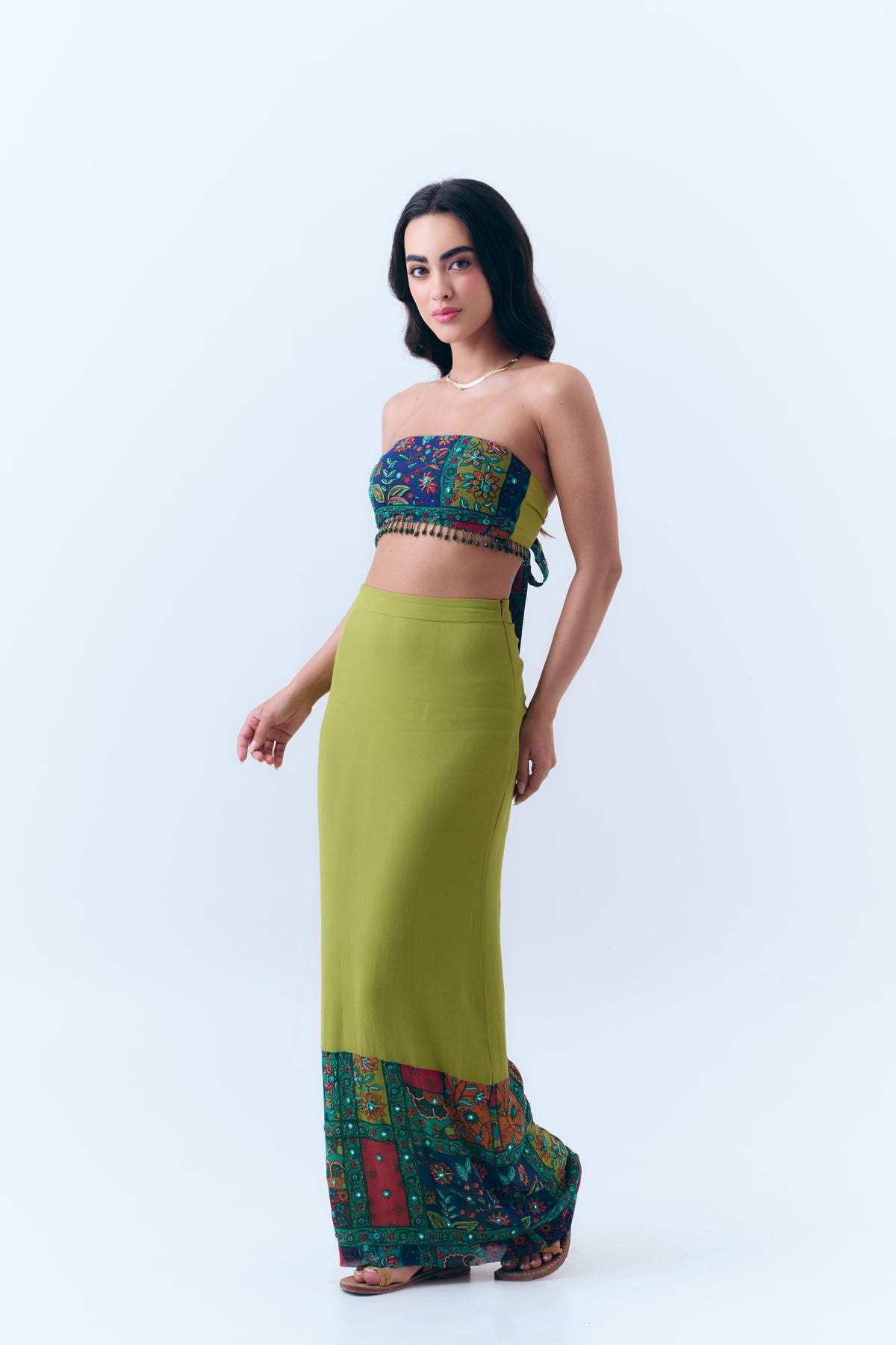 Silk Georgette Beaded Patchwork Print Mirror Bandeau Tie Top