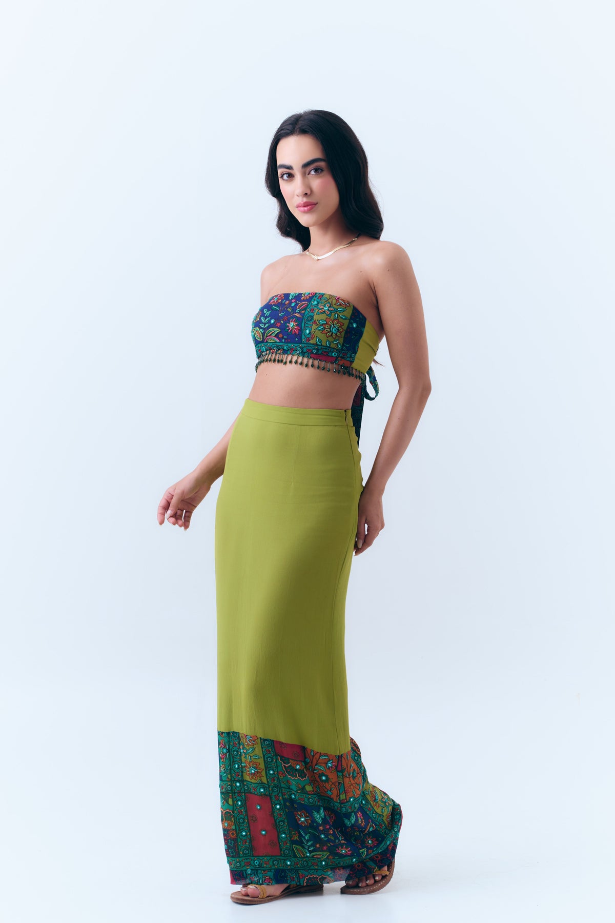 Beaded Patchwork Print Mirror Fitted Maxi Skirt in Silk Georgette