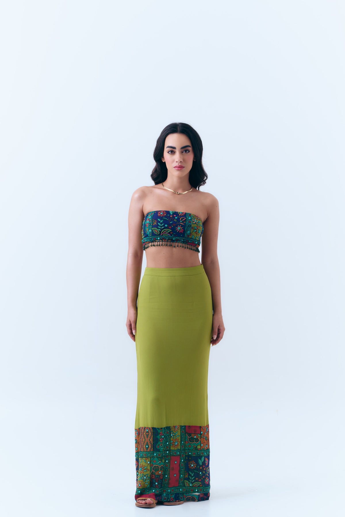 Beaded Patchwork Print Mirror Fitted Maxi Skirt in Silk Georgette