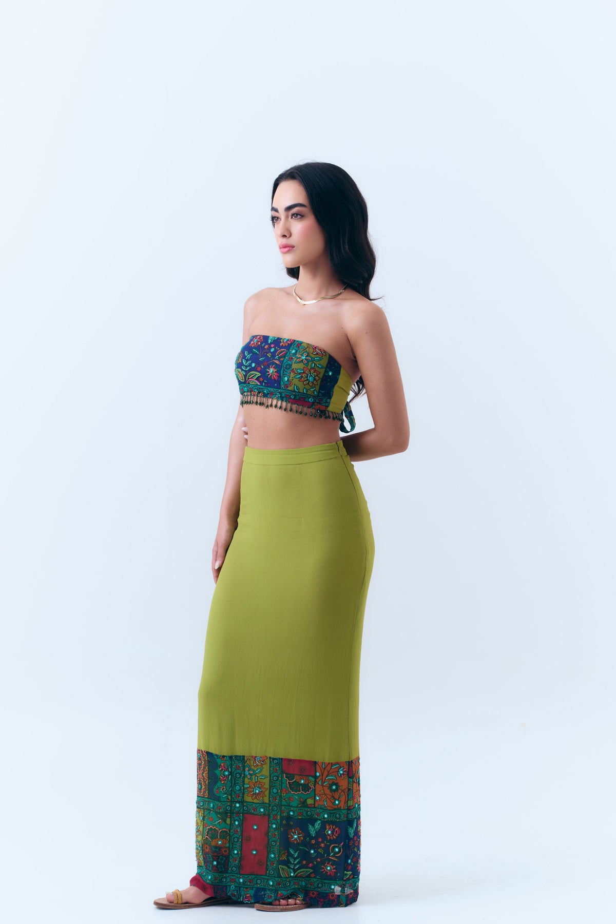 Beaded Patchwork Print Mirror Fitted Maxi Skirt in Silk Georgette
