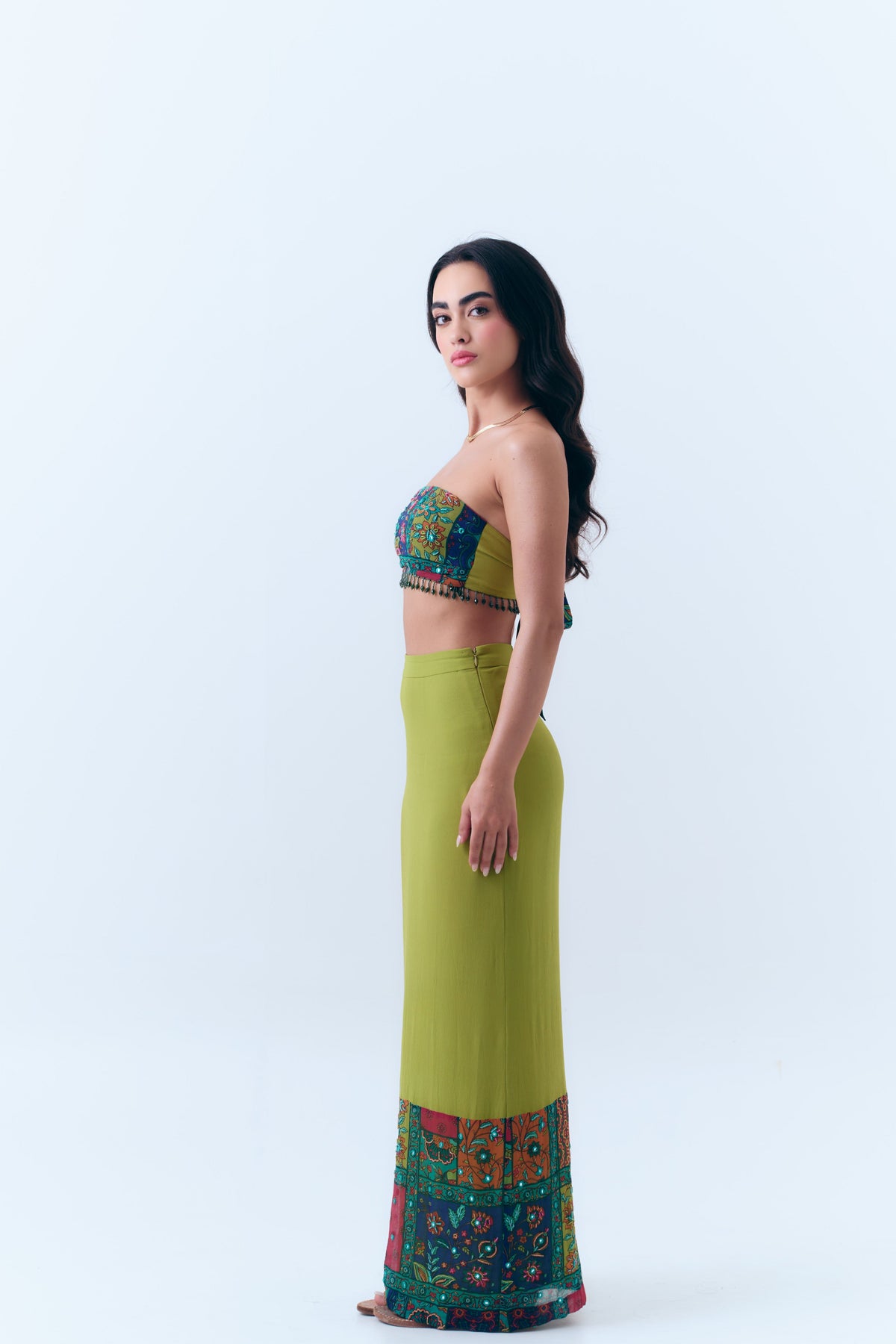 Beaded Patchwork Print Mirror Fitted Maxi Skirt in Silk Georgette