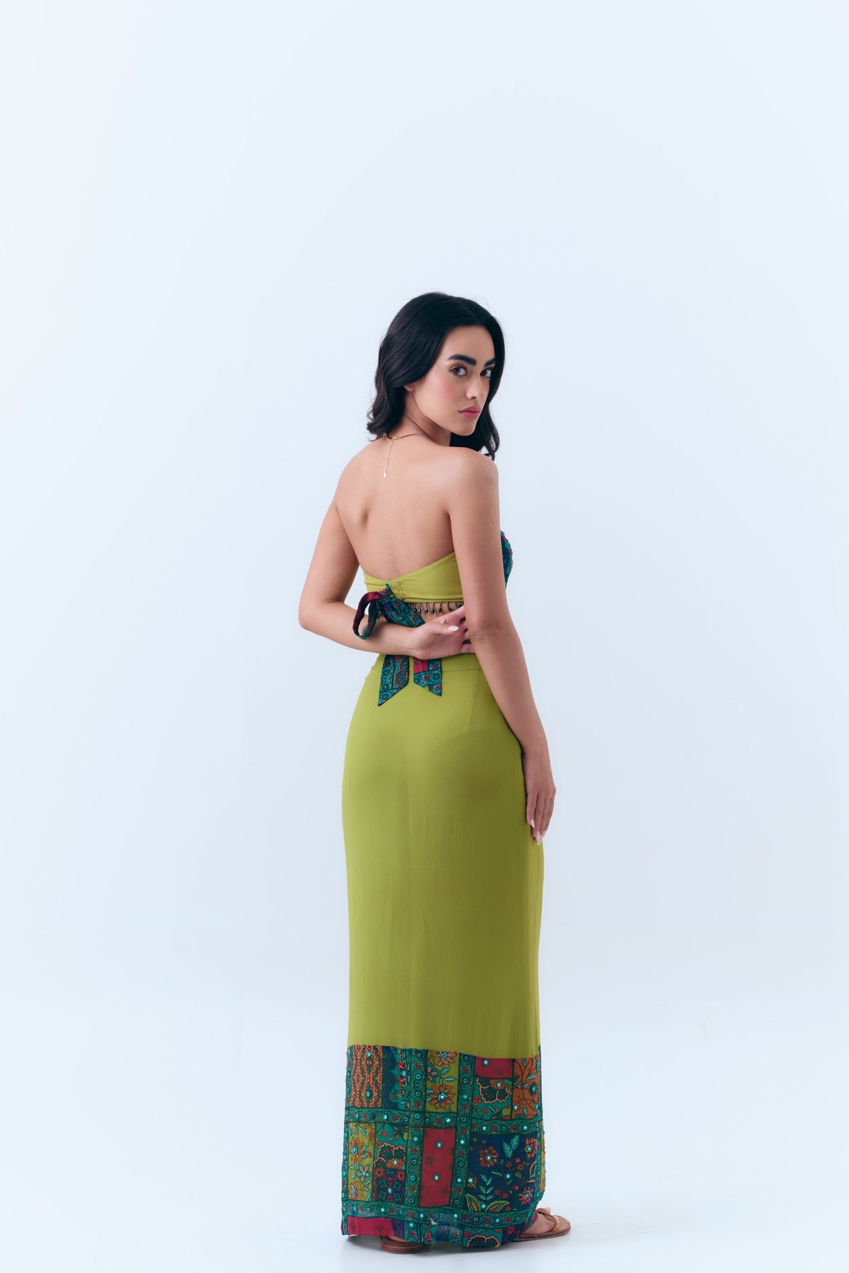 Beaded Patchwork Print Mirror Fitted Maxi Skirt in Silk Georgette