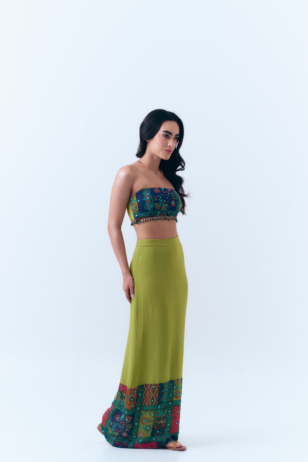Beaded Patchwork Print Mirror Fitted Maxi Skirt in Silk Georgette