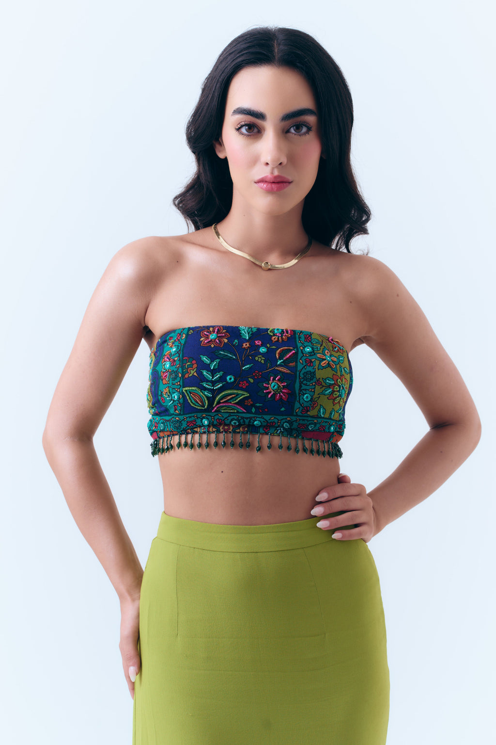 Silk Georgette Beaded Patchwork Print Mirror Bandeau Tie Top