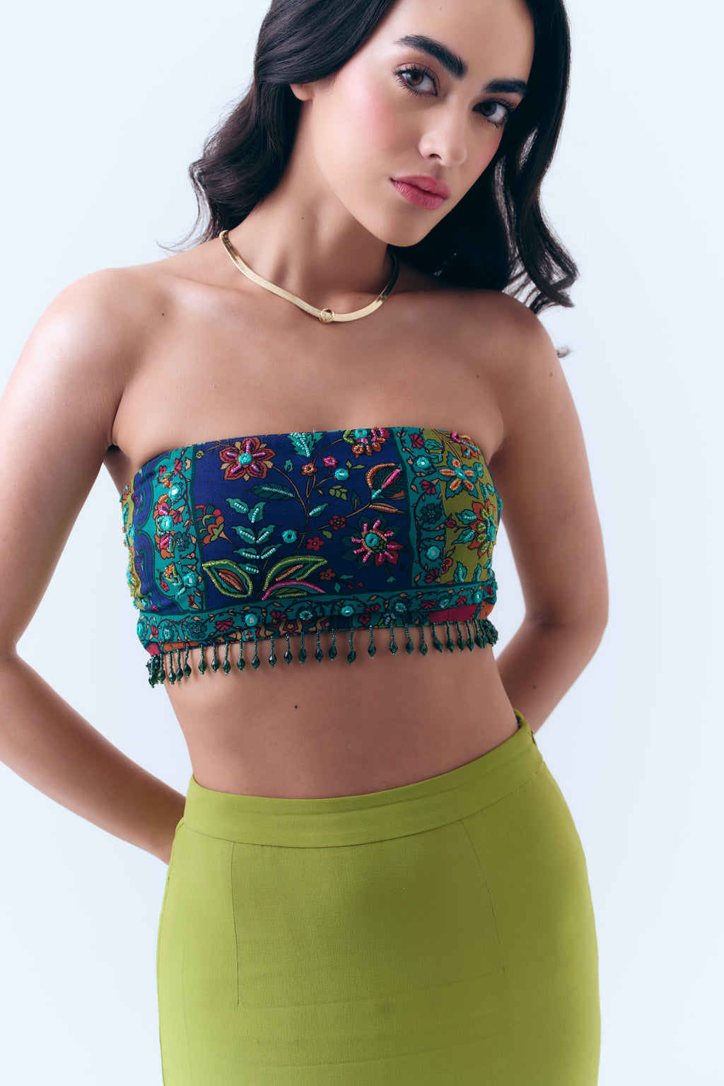 Silk Georgette Beaded Patchwork Print Mirror Bandeau Tie Top