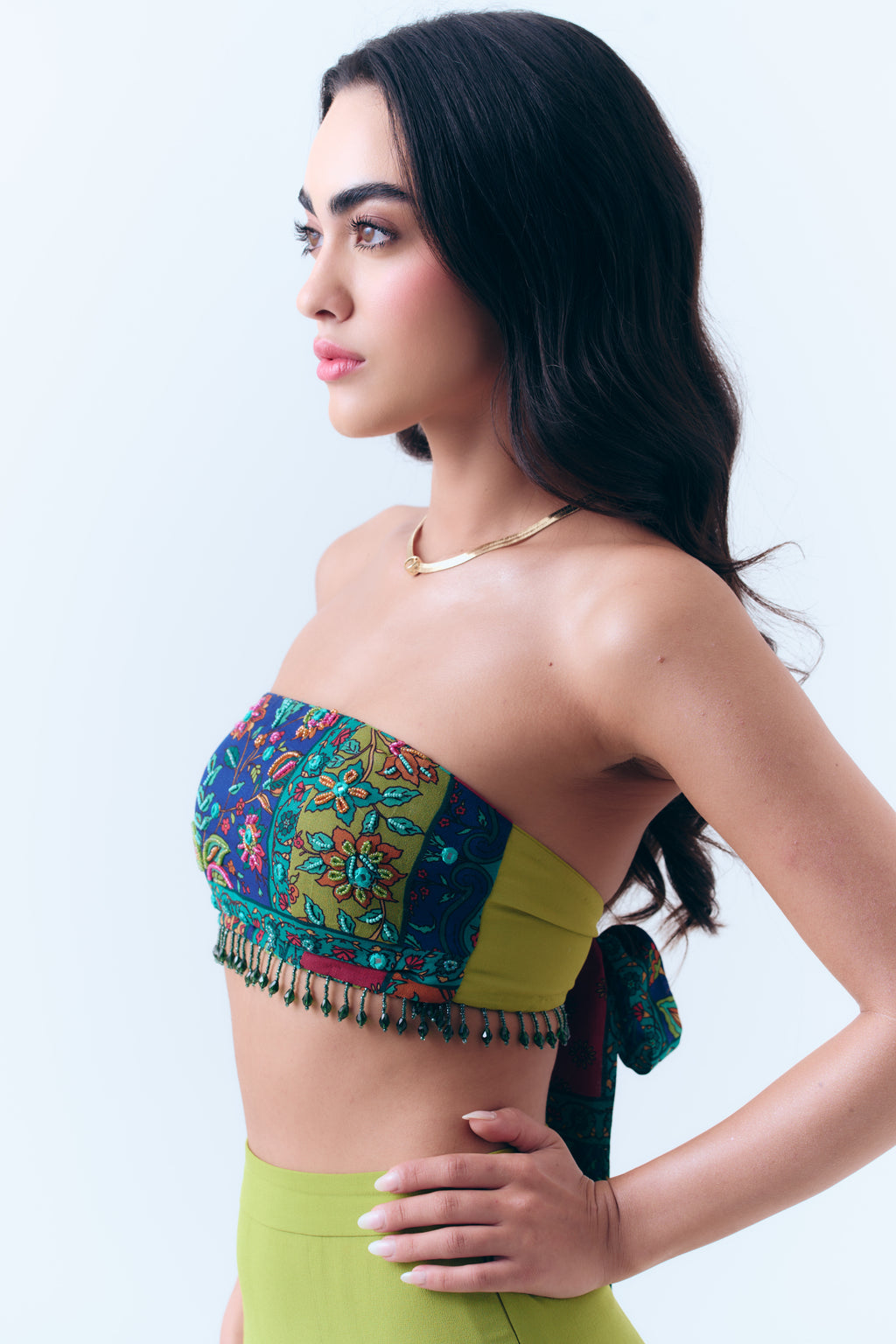 Silk Georgette Beaded Patchwork Print Mirror Bandeau Tie Top