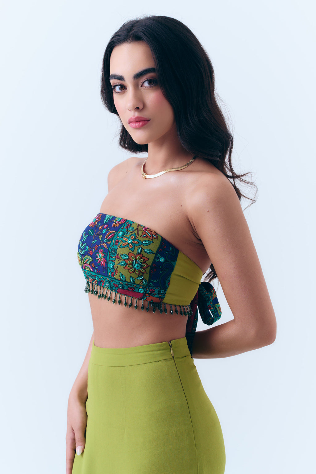 Silk Georgette Beaded Patchwork Print Mirror Bandeau Tie Top