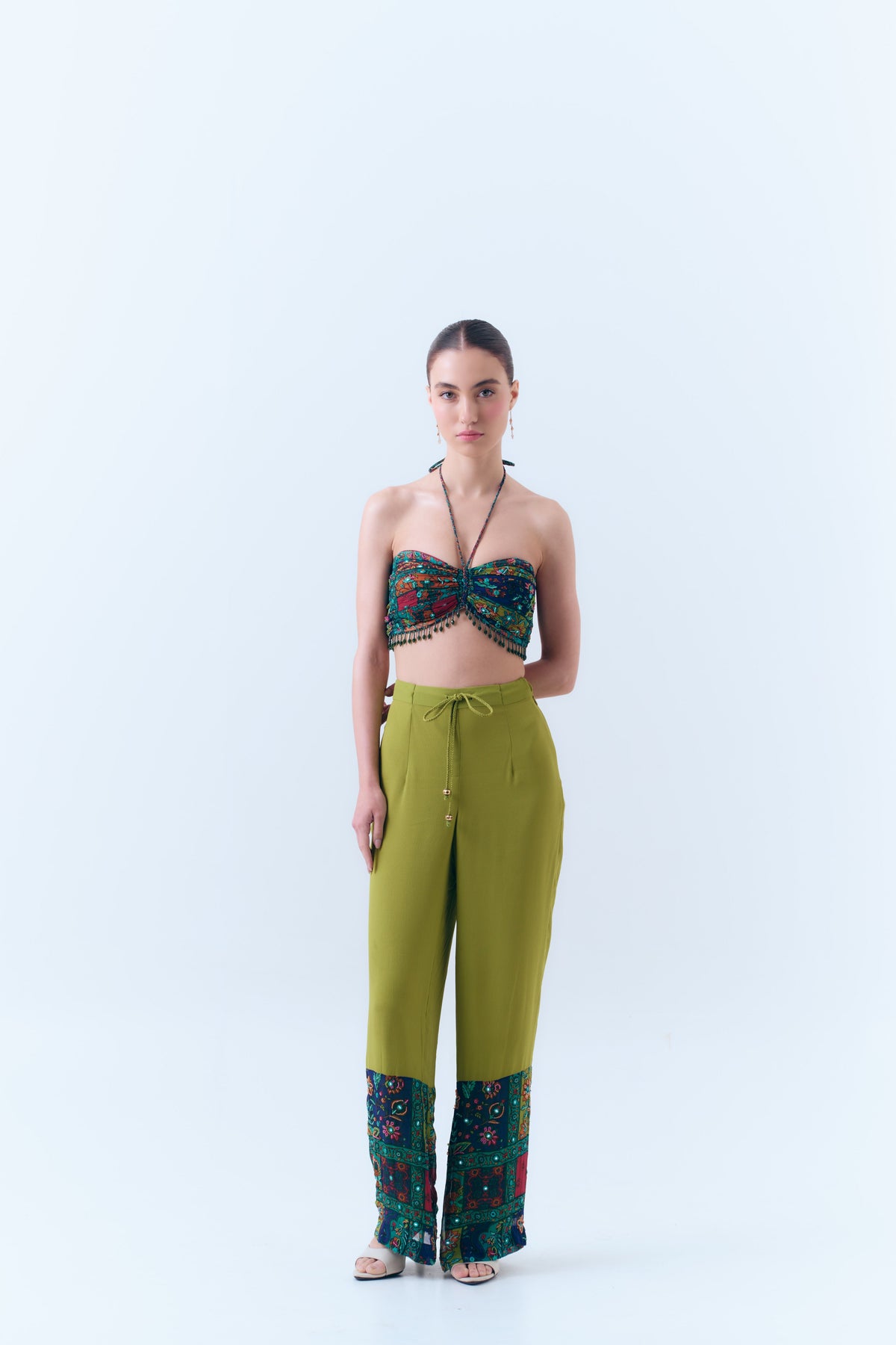 Beaded Patchwork Print Mirror Necktie Bralette in Silk Georgette