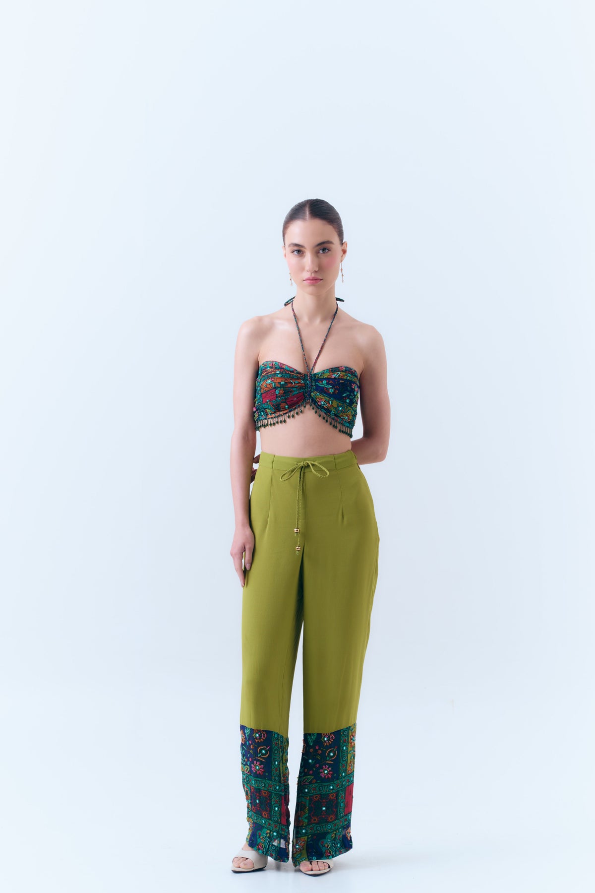 Beaded Patchwork Print Mirror Drawstring Pants in Silk Georgette