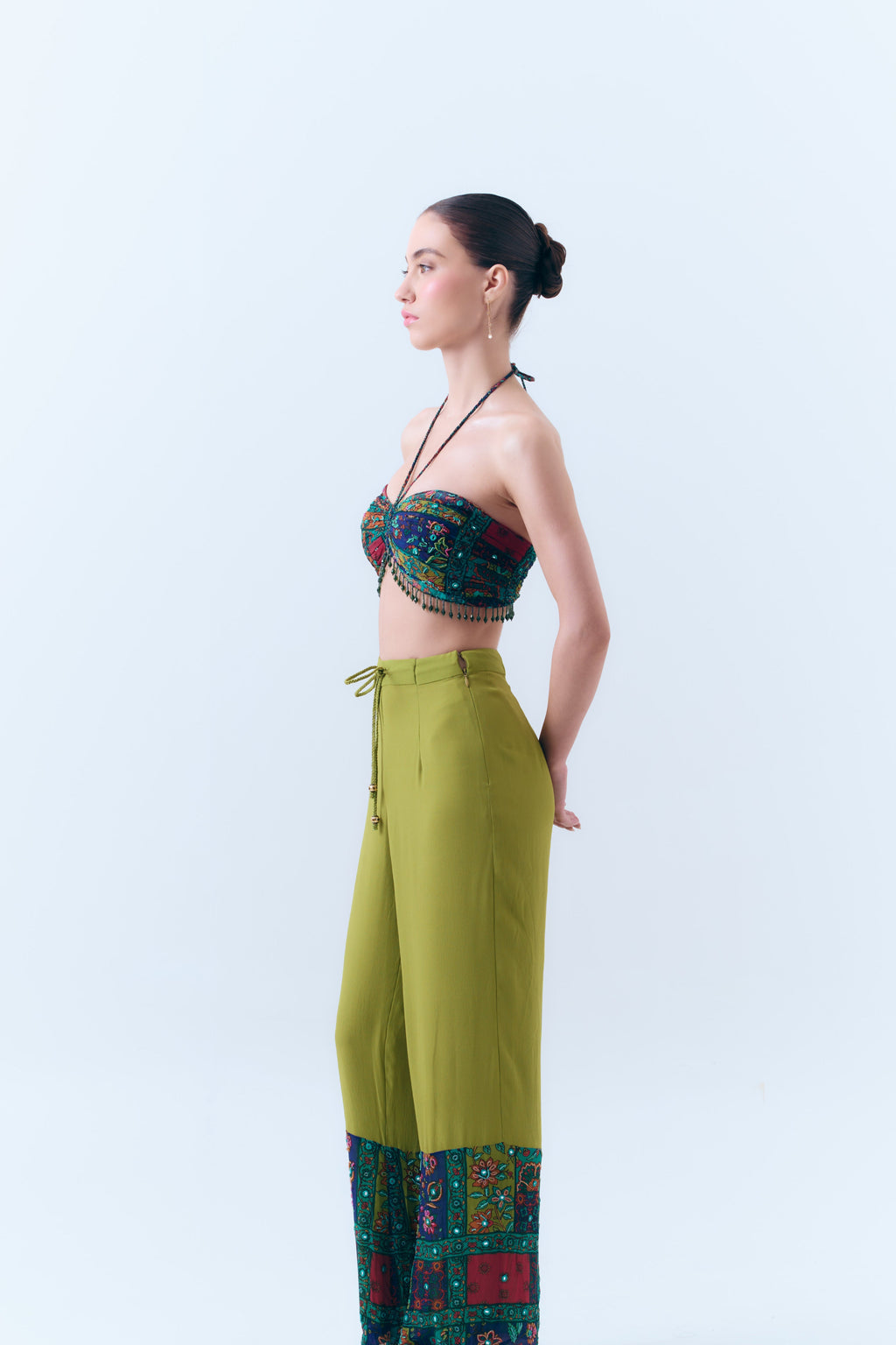 Beaded Patchwork Print Mirror Necktie Bralette in Silk Georgette