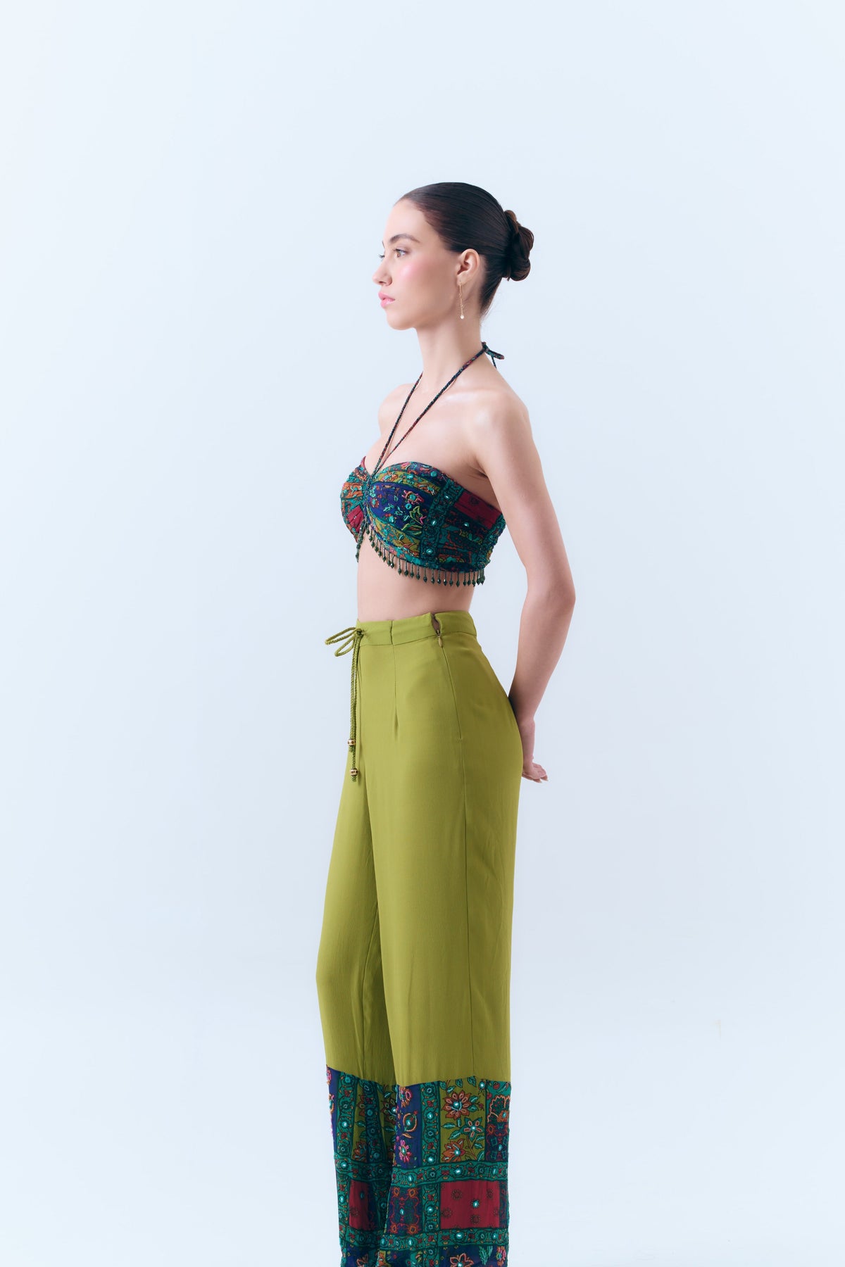 Beaded Patchwork Print Mirror Necktie Bralette in Silk Georgette