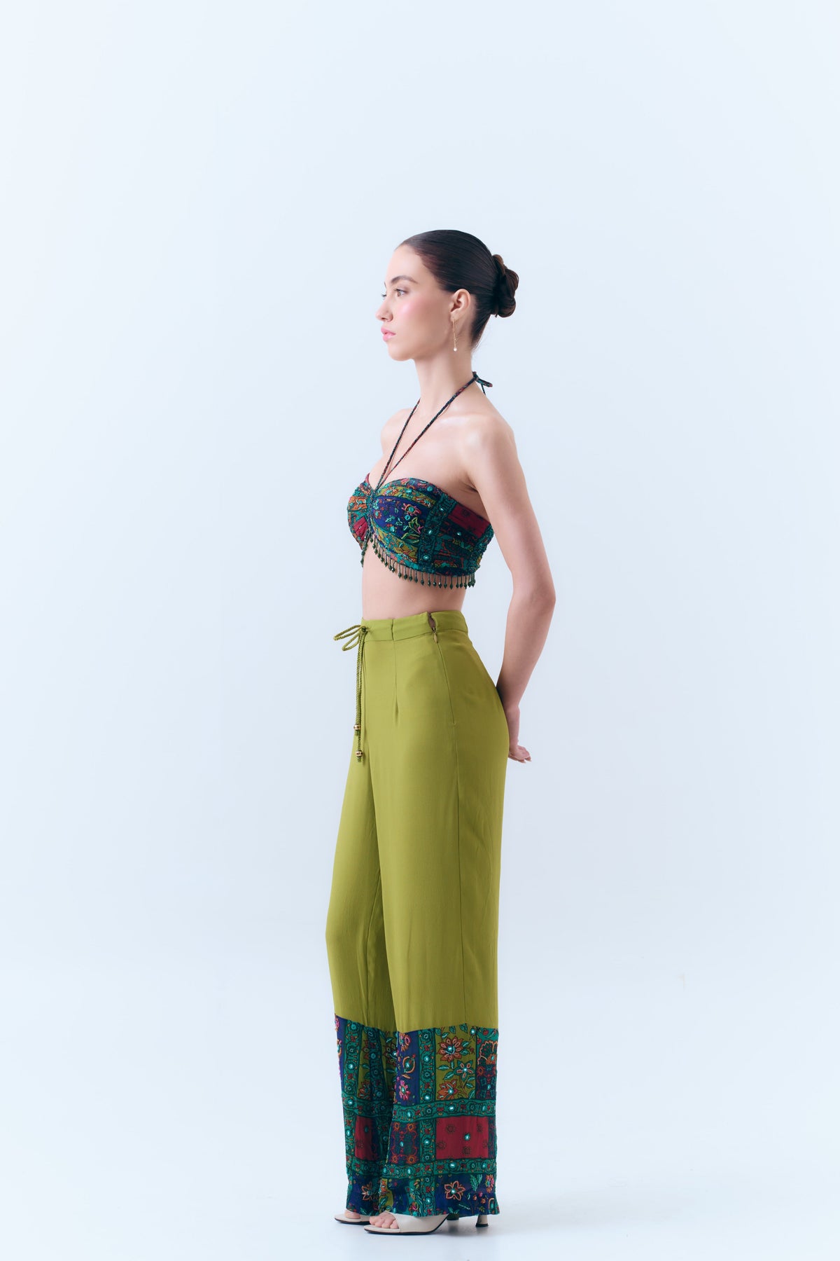 Beaded Patchwork Print Mirror Drawstring Pants in Silk Georgette