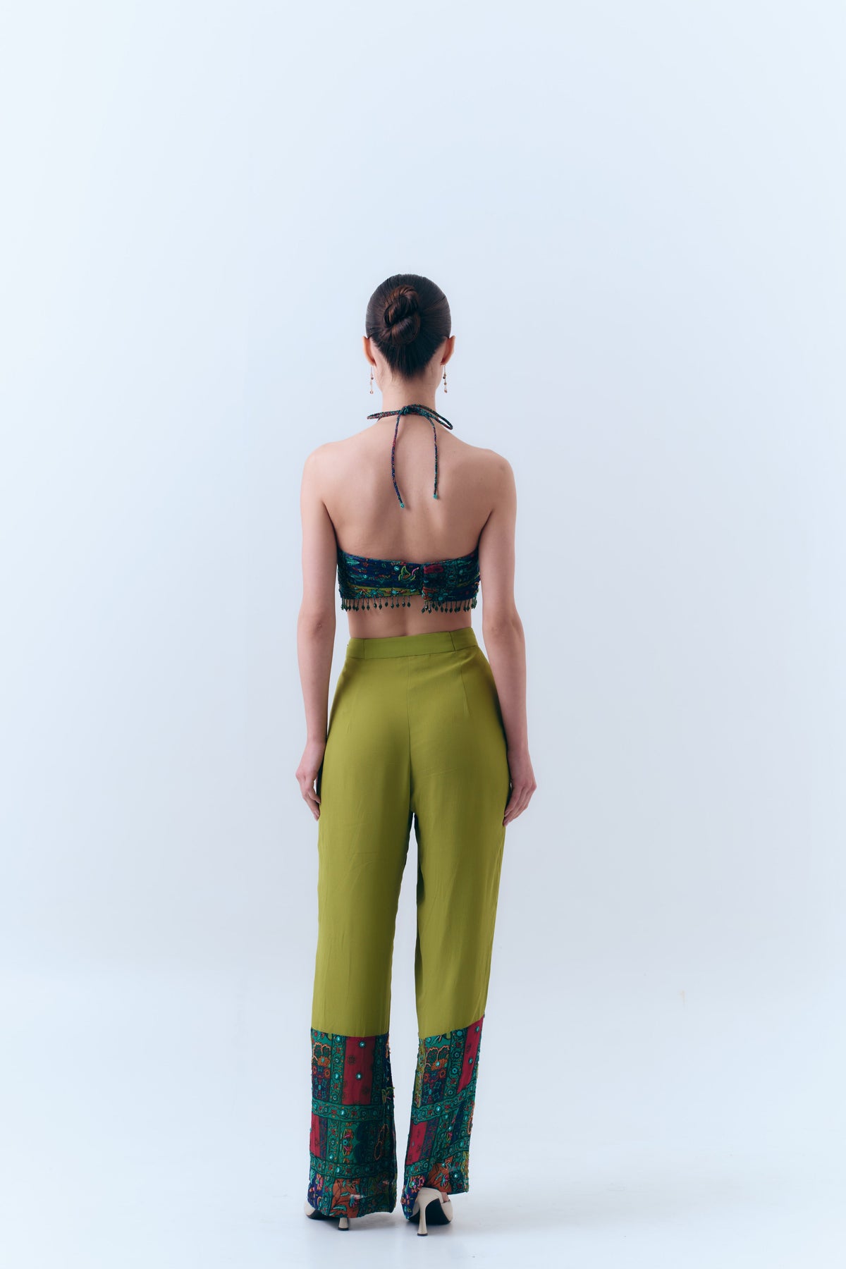 Beaded Patchwork Print Mirror Drawstring Pants in Silk Georgette