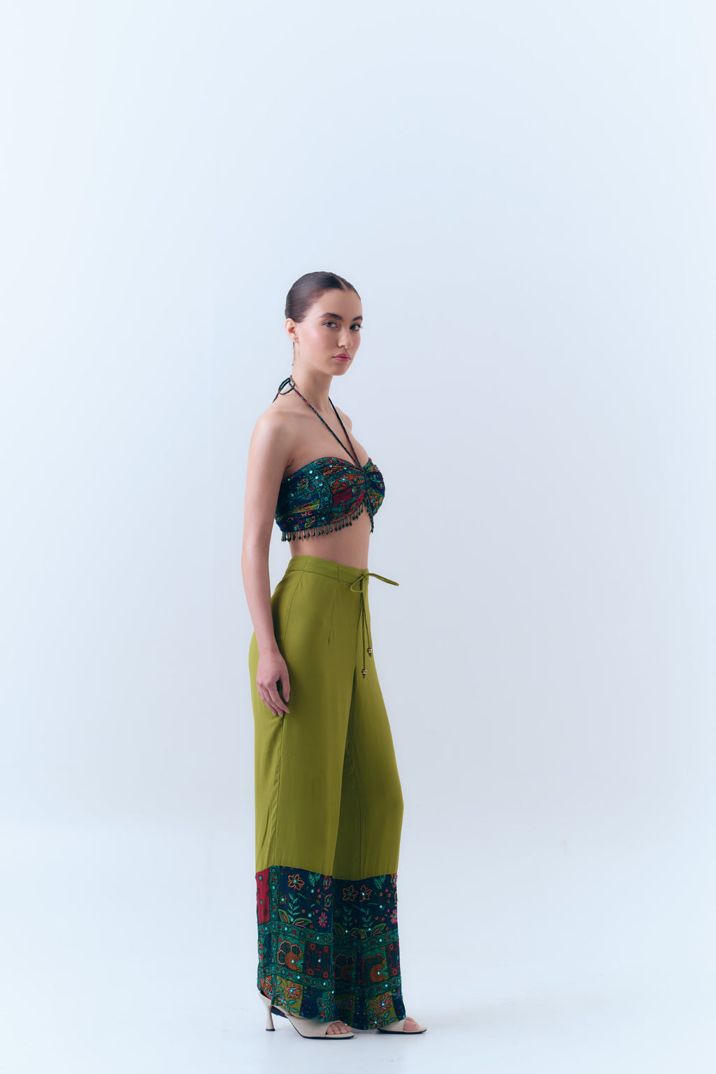 Beaded Patchwork Print Mirror Necktie Bralette in Silk Georgette