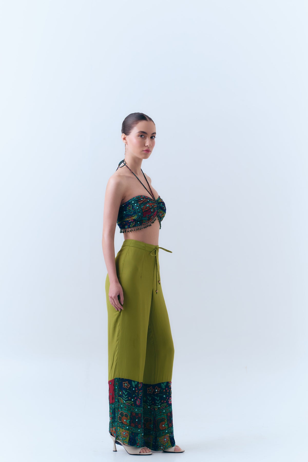 Beaded Patchwork Print Mirror Drawstring Pants in Silk Georgette